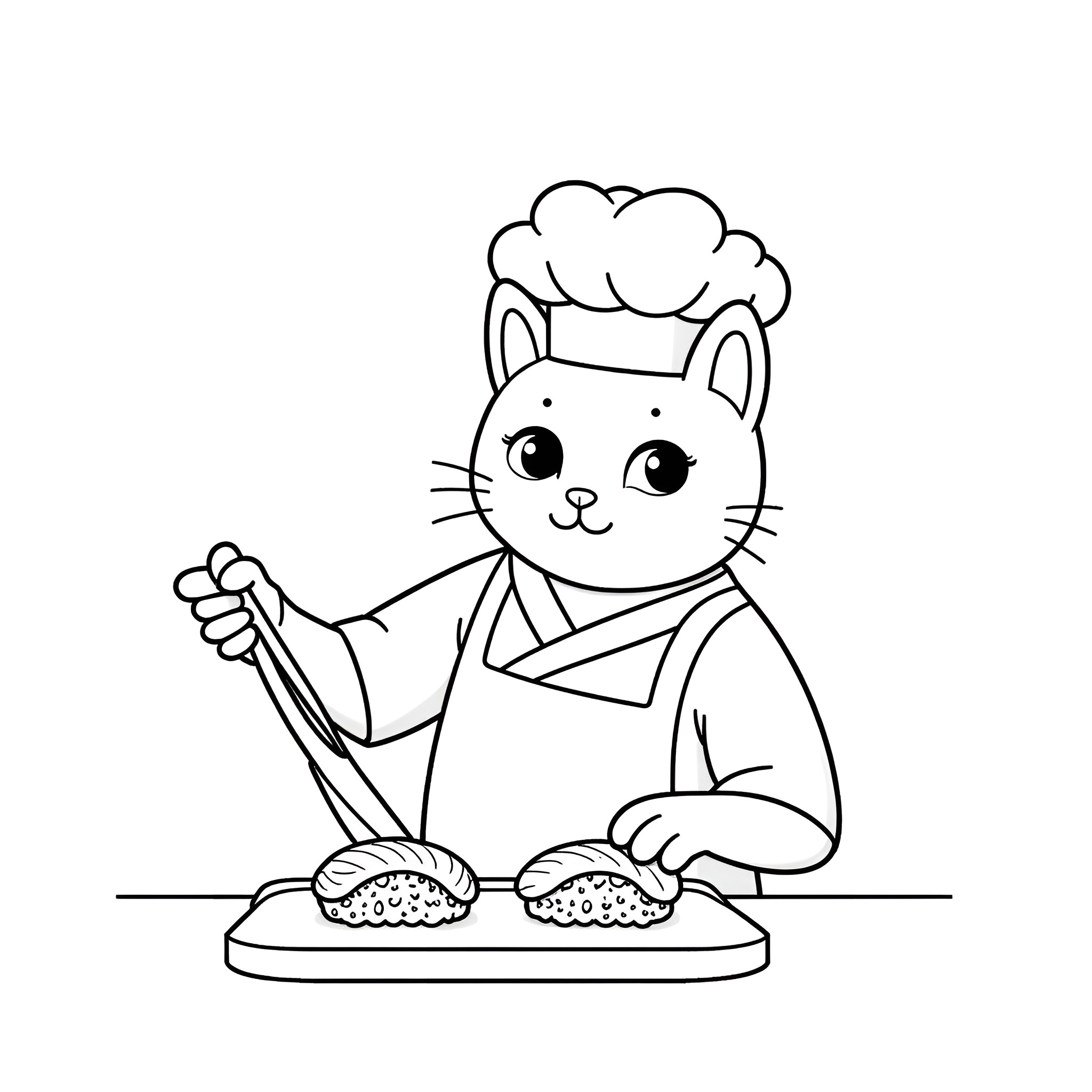 Cat chef cooking delicious food Coloring Page (free black-and-white line drawing printable PDF for all, from beginners to advanced learners, including children, teens, adults, and seniors)