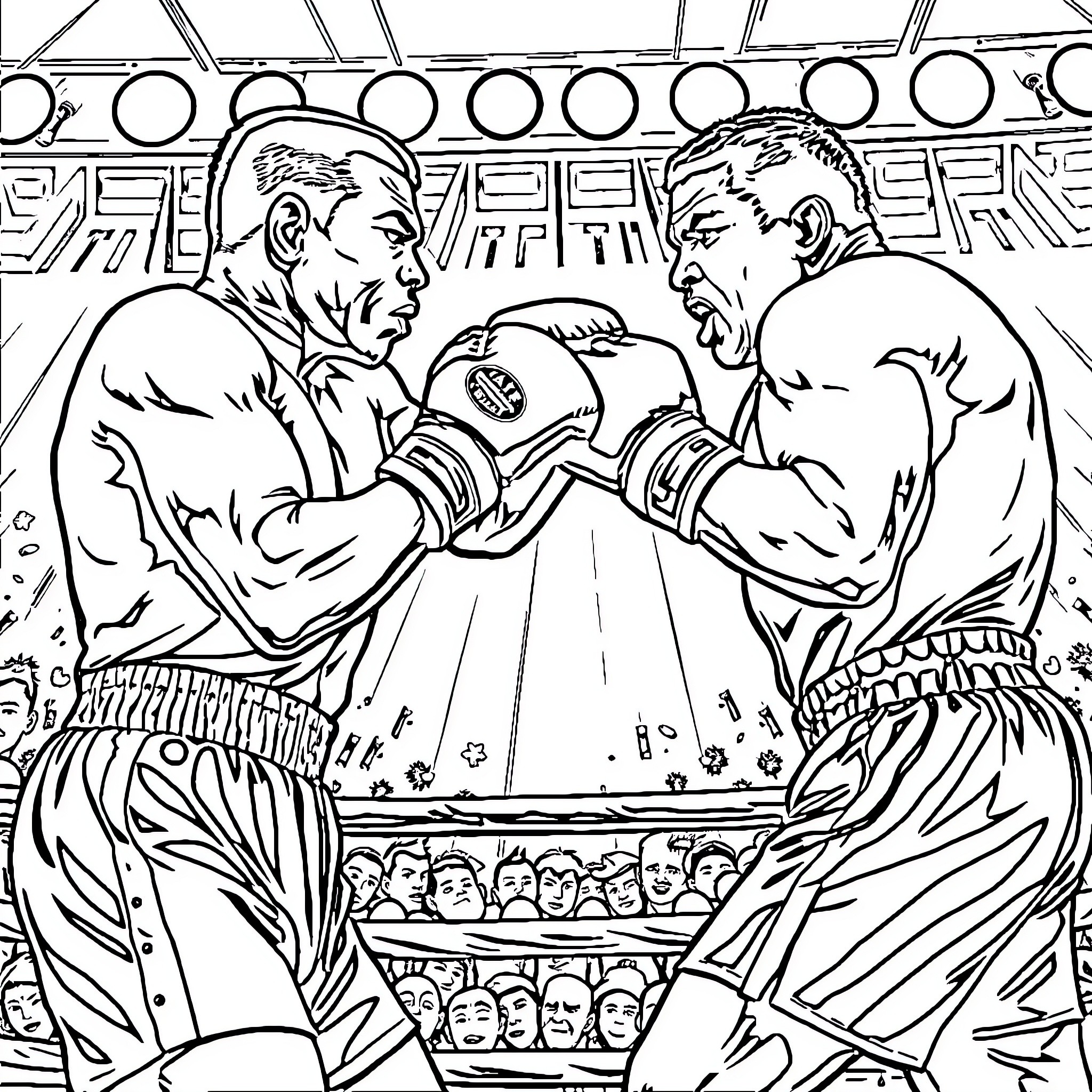 Boxing Match in the Ring Coloring Page (free black-and-white line drawing printable PDF for all, from beginners to advanced learners, including children, teens, adults, and seniors)