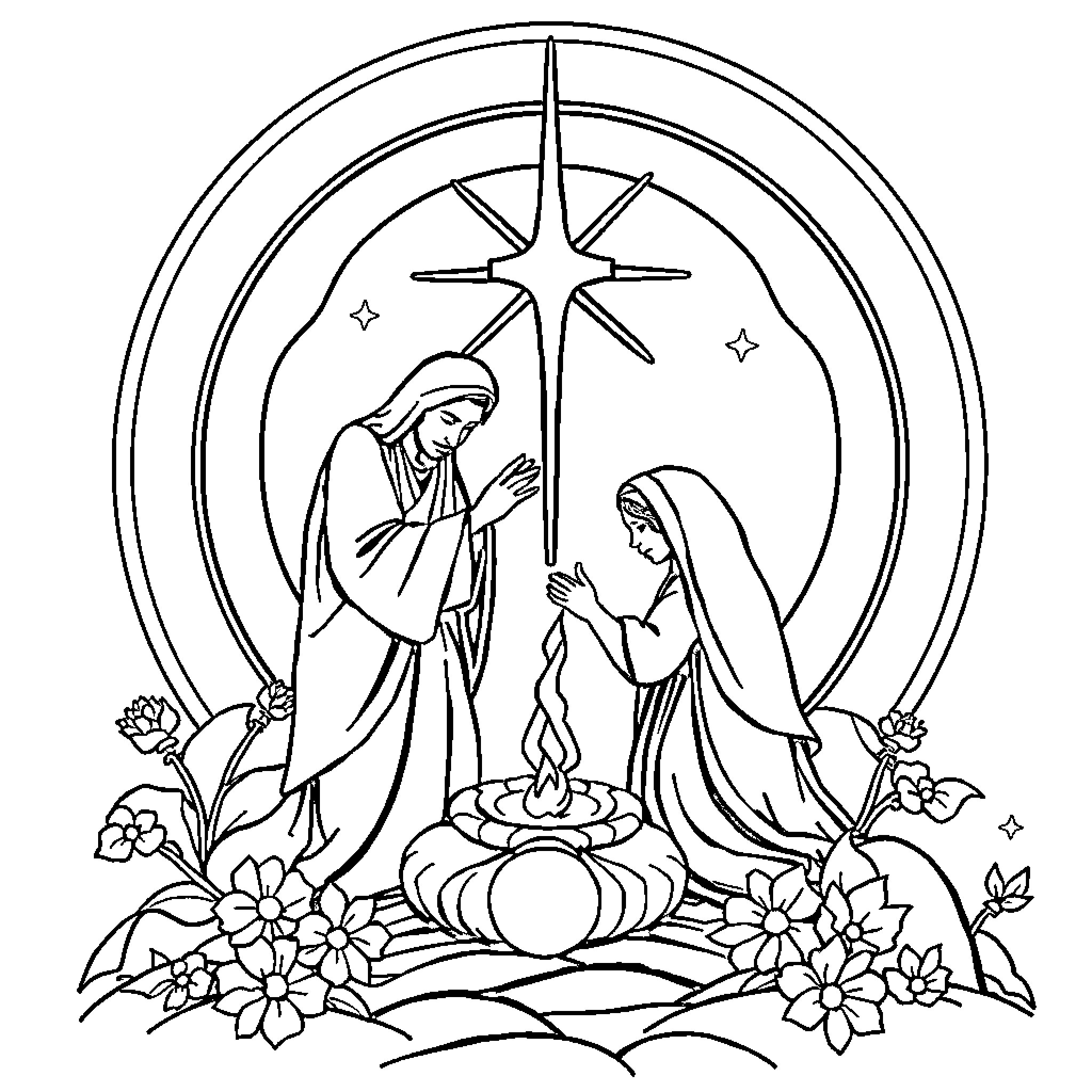 Miraculous Nativity Scene with Adoring Figures Coloring Page (free black-and-white line drawing printable PDF for all, from beginners to advanced learners, including children, teens, adults, and seniors)