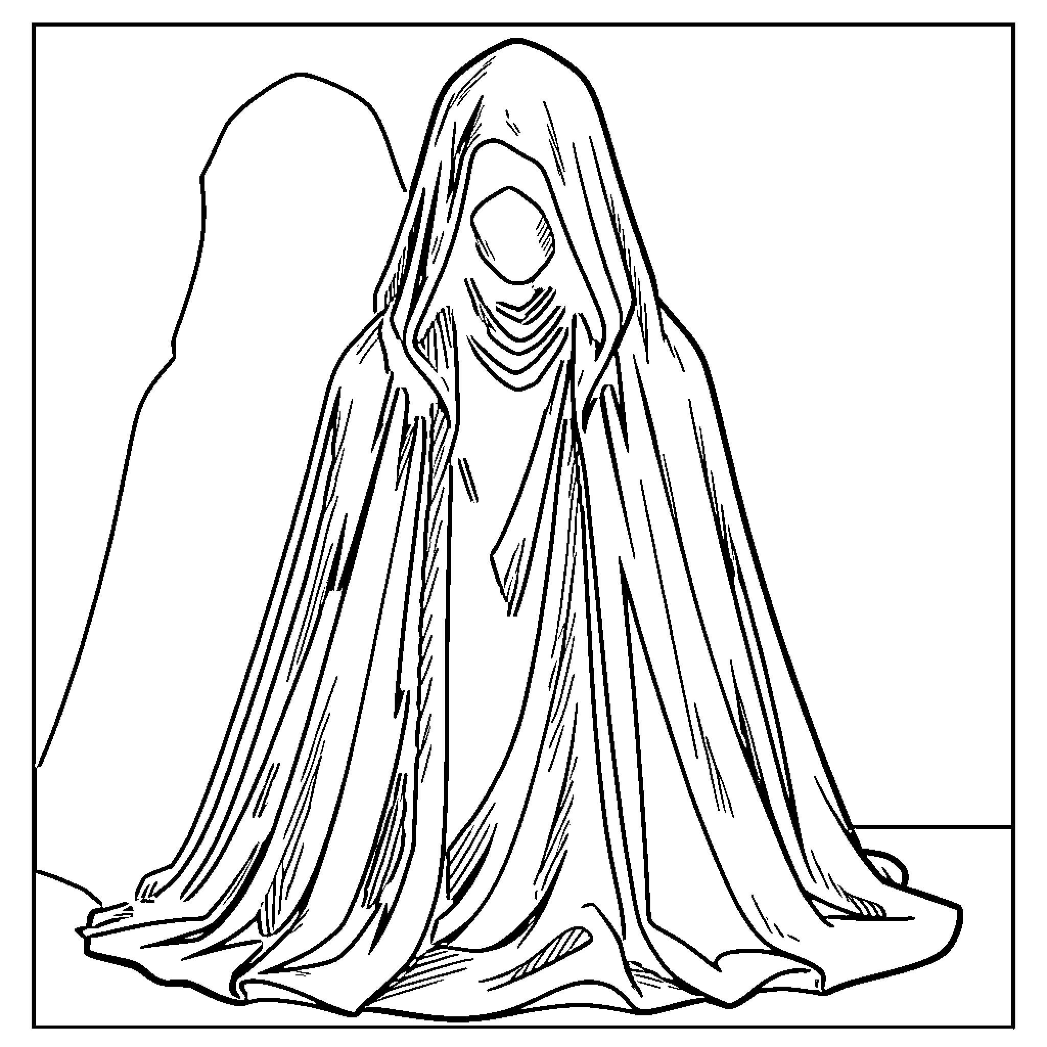 Tadc Cloaked Figures Standing in Shrouded Attire Coloring Page (free black-and-white line drawing printable PDF for all, from beginners to advanced learners, including children, teens, adults, and seniors)