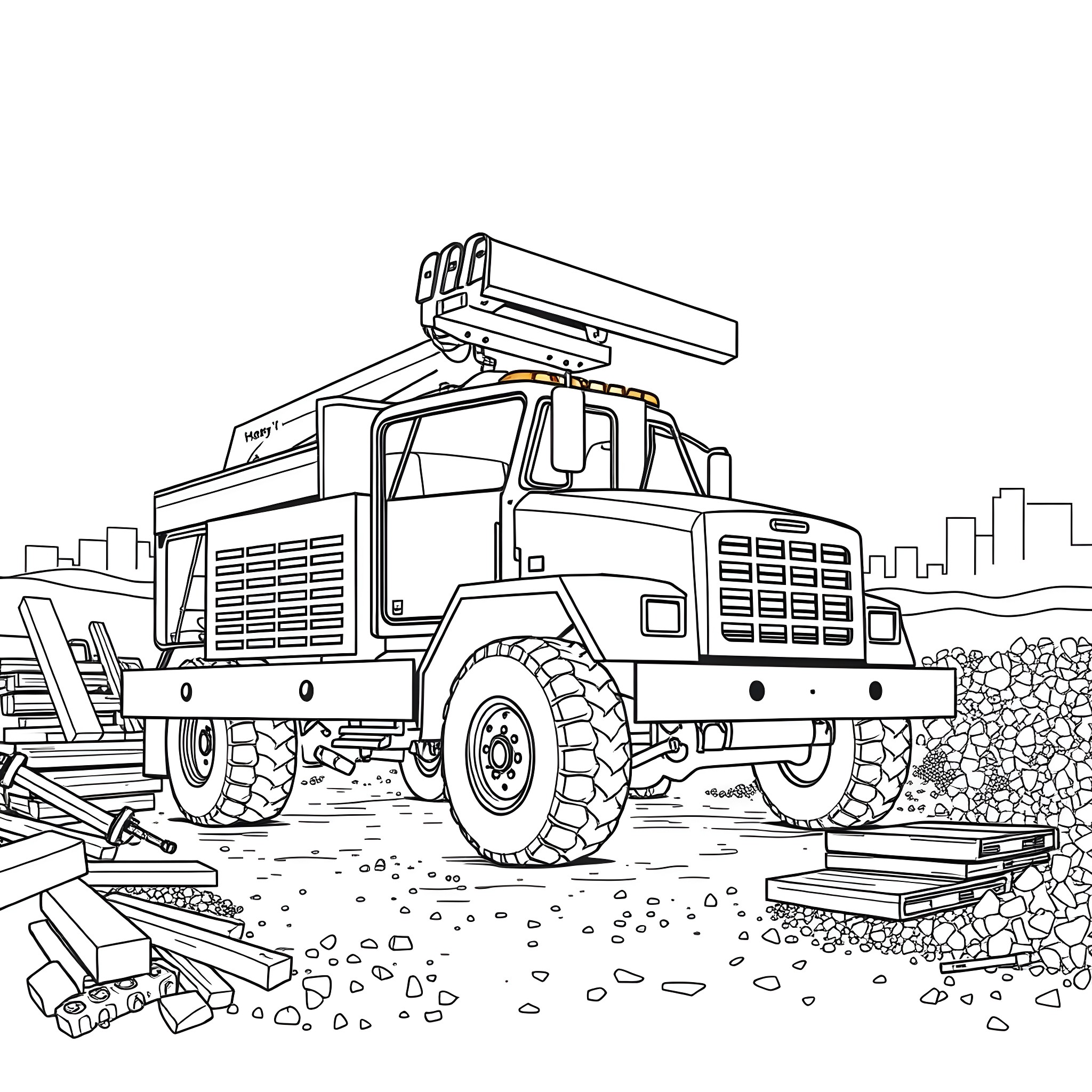 Utility Truck Transporting Construction Materials Coloring Page (free black-and-white line drawing printable PDF for all, from beginners to advanced learners, including children, teens, adults, and seniors)