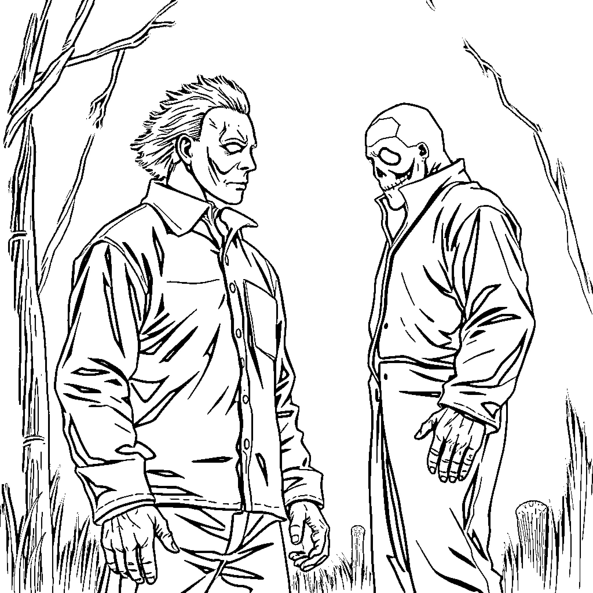 Michael Myers confronts a masked figure in the woods Coloring Page (free black-and-white line drawing printable PDF for all, from beginners to advanced learners, including children, teens, adults, and seniors)