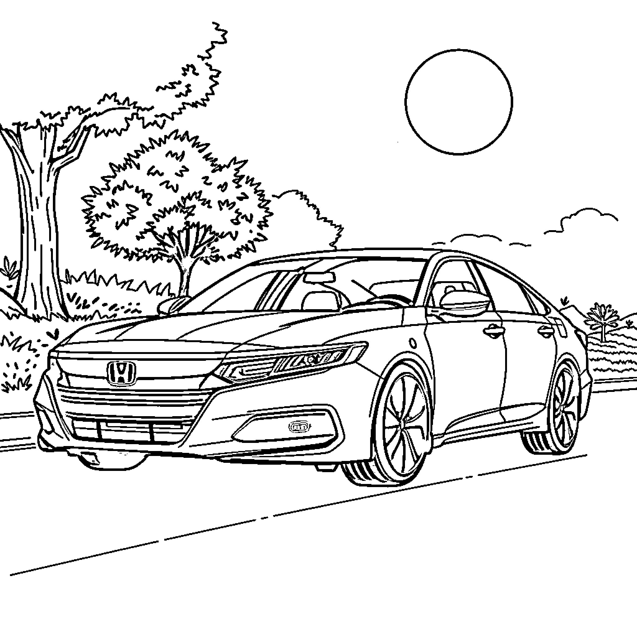 Honda Accord driving on a scenic road Coloring Page (free black-and-white line drawing printable PDF for all, from beginners to advanced learners, including children, teens, adults, and seniors)
