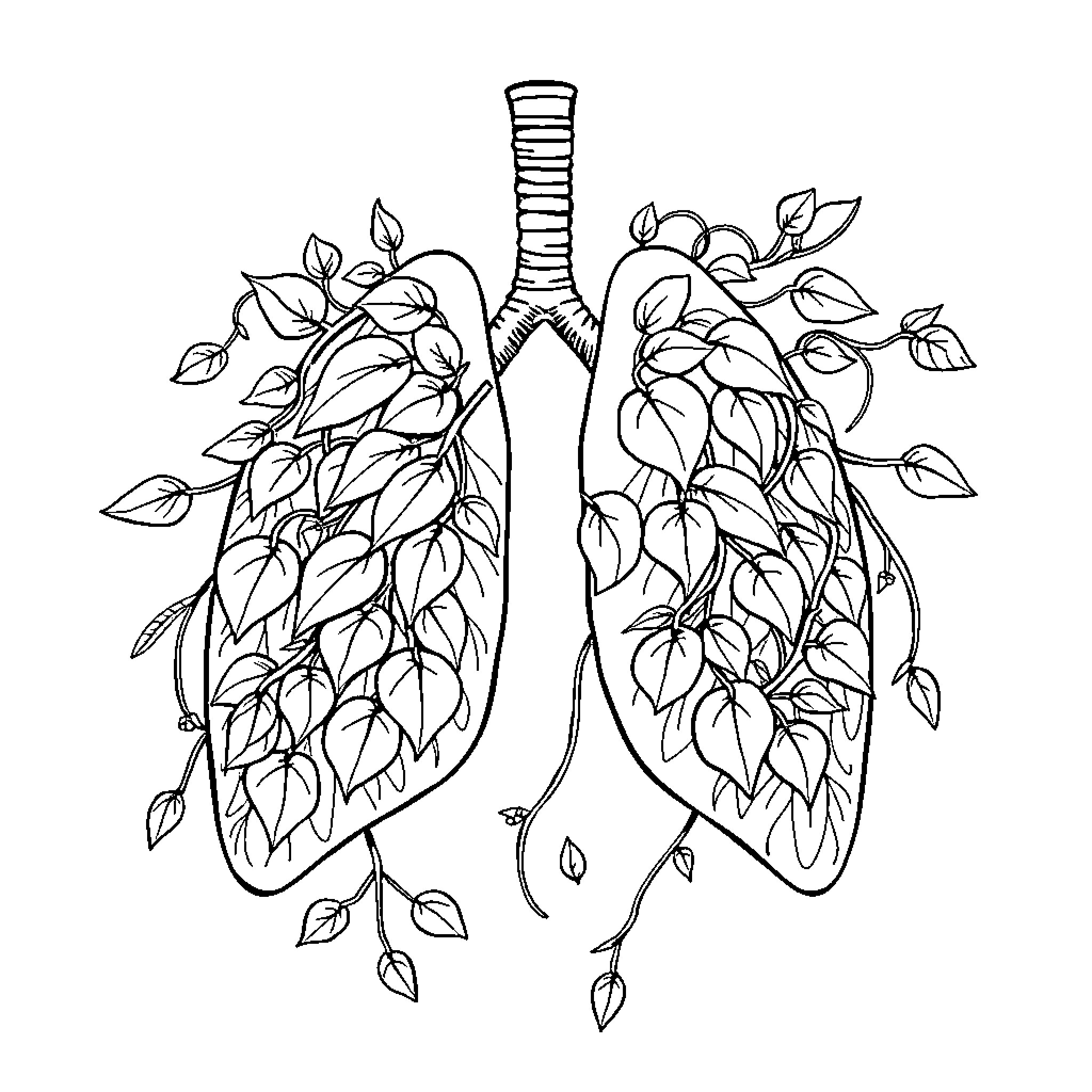Lung Surrounded by Flourishing Nature Coloring Page (free black-and-white line drawing printable PDF for all, from beginners to advanced learners, including children, teens, adults, and seniors)