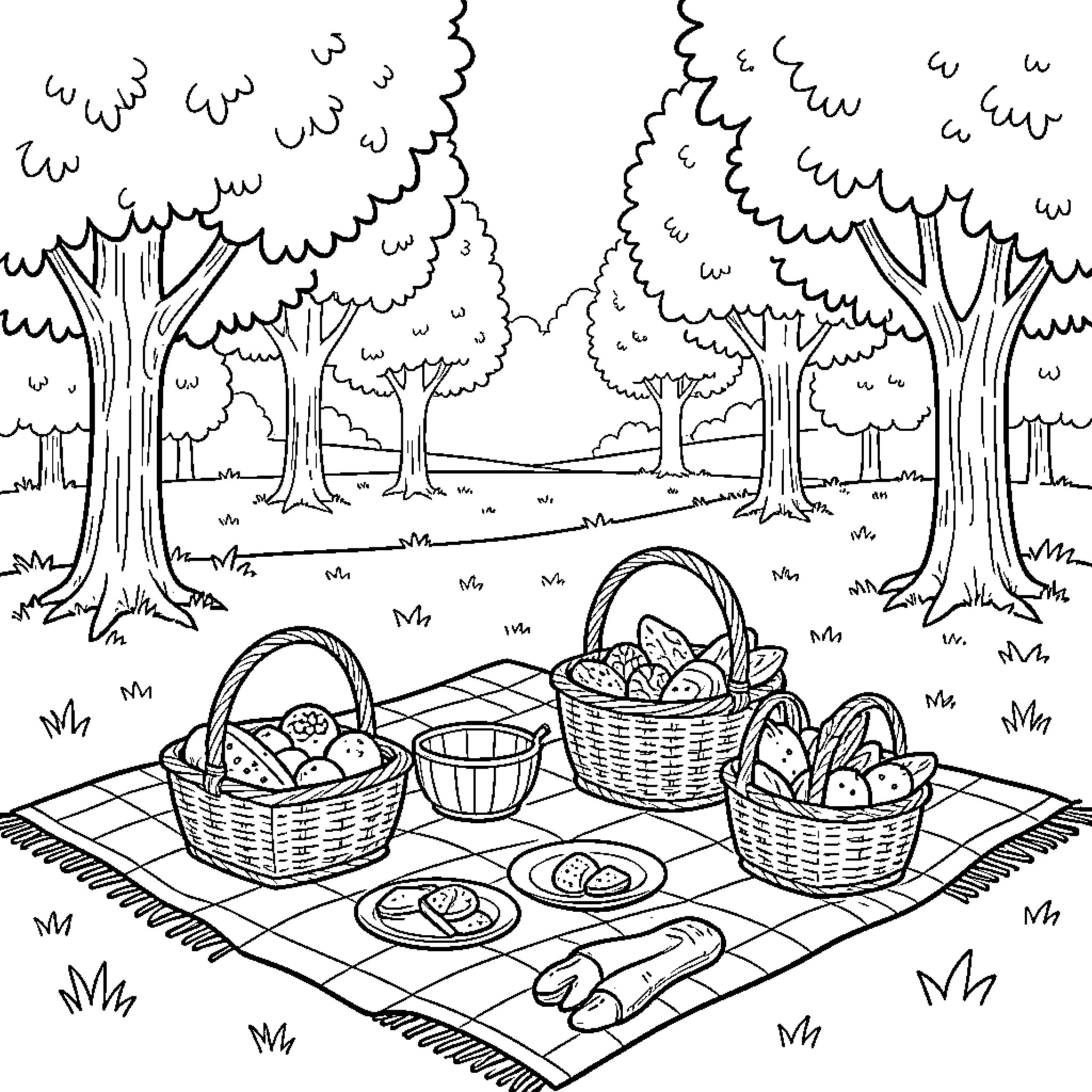 Picnic in the Peaceful Forest Coloring Page (free black-and-white line drawing printable PDF for all, from beginners to advanced learners, including children, teens, adults, and seniors)