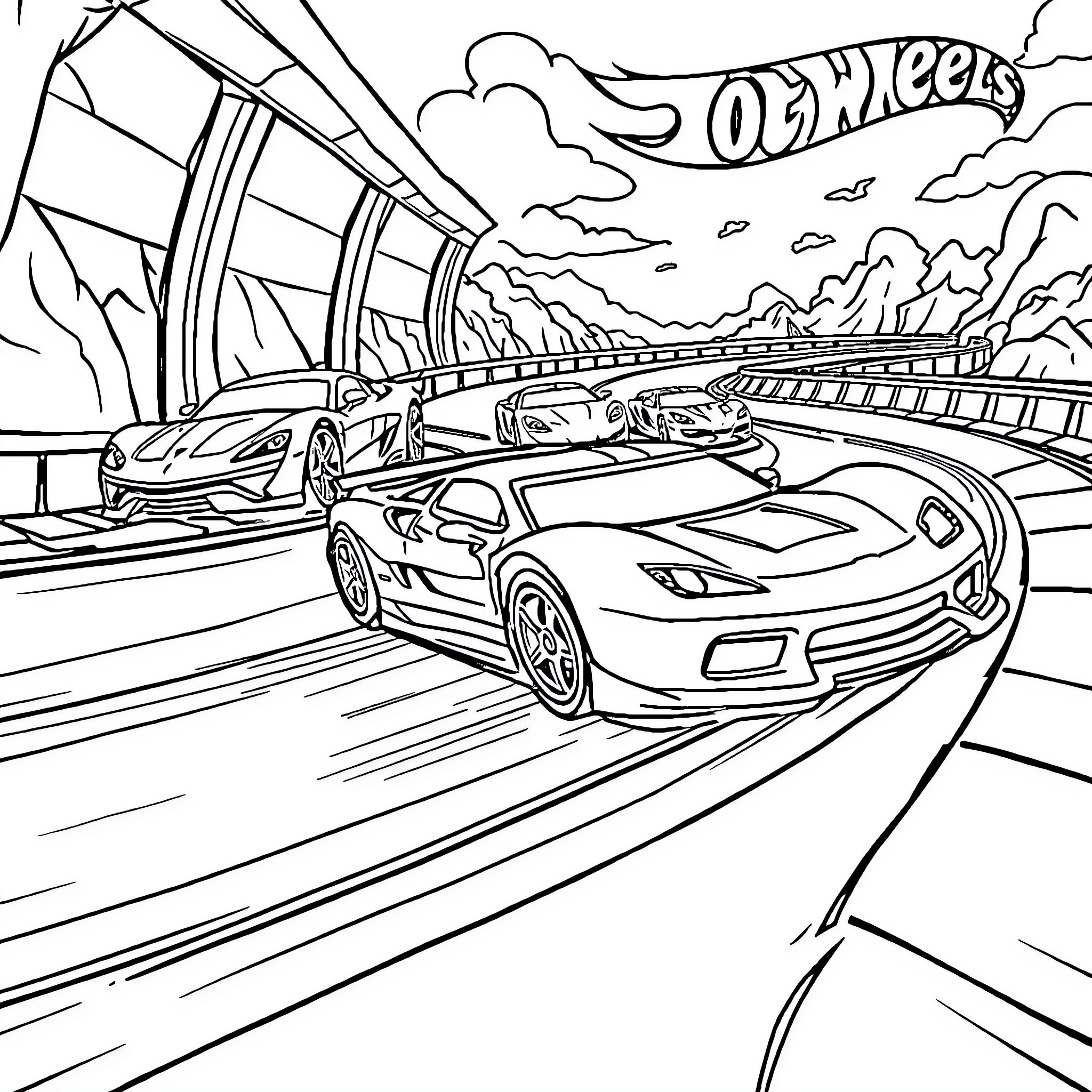 Hot Wheels Speeding Through Futuristic Racetrack Coloring Page (free black-and-white line drawing printable PDF for all, from beginners to advanced learners, including children, teens, adults, and seniors)