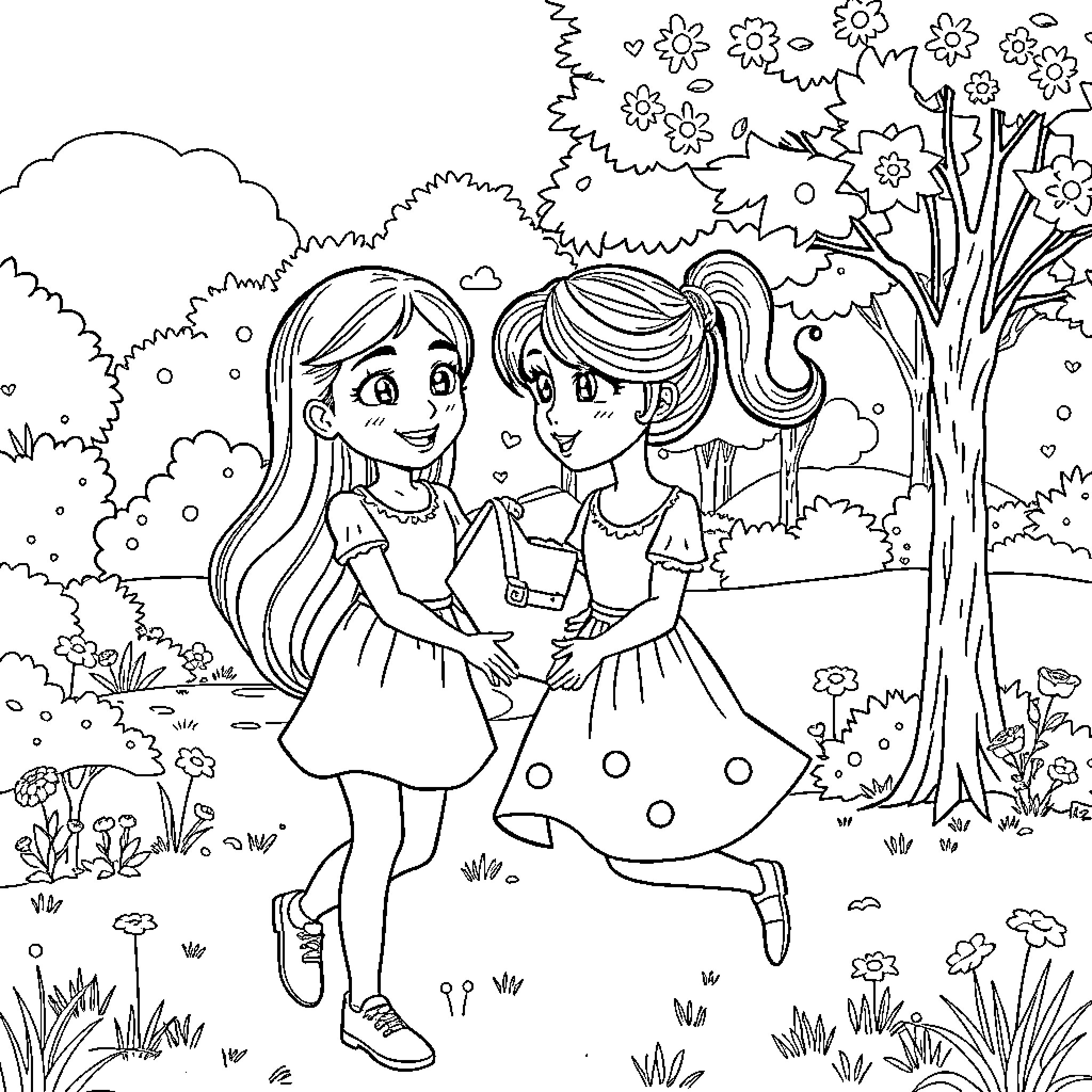 Elena and Her Friend Enjoying Nature's Charm Coloring Page (free black-and-white line drawing printable PDF for all, from beginners to advanced learners, including children, teens, adults, and seniors)