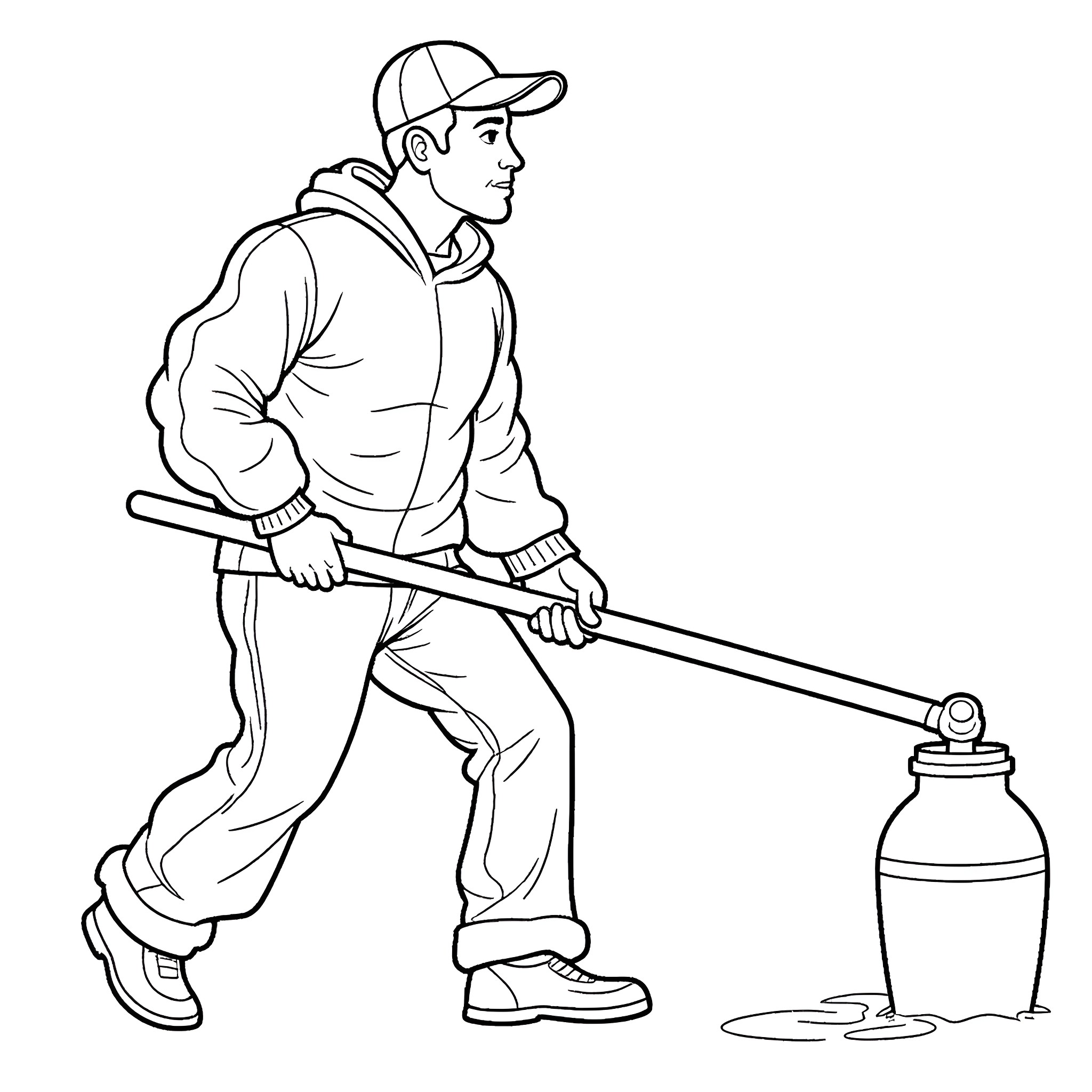 Man spraying with hose while wearing cap Coloring Page (free black-and-white line drawing printable PDF for all, from beginners to advanced learners, including children, teens, adults, and seniors)