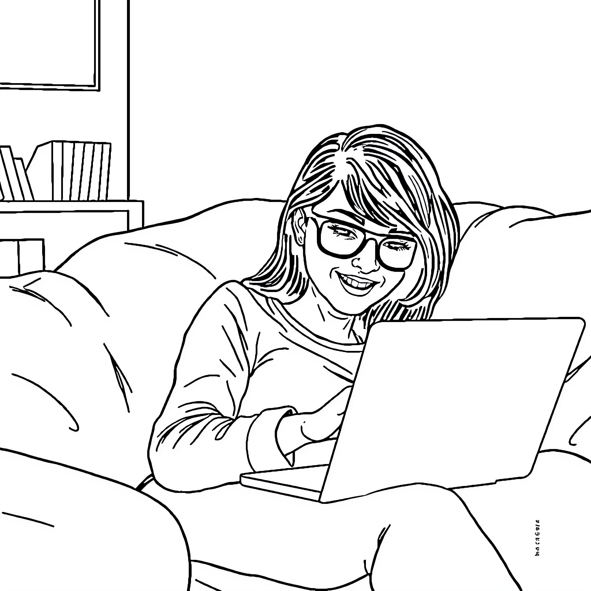 Girl working diligently on laptop in cozy home setting Coloring Page (free black-and-white line drawing printable PDF for all, from beginners to advanced learners, including children, teens, adults, and seniors)