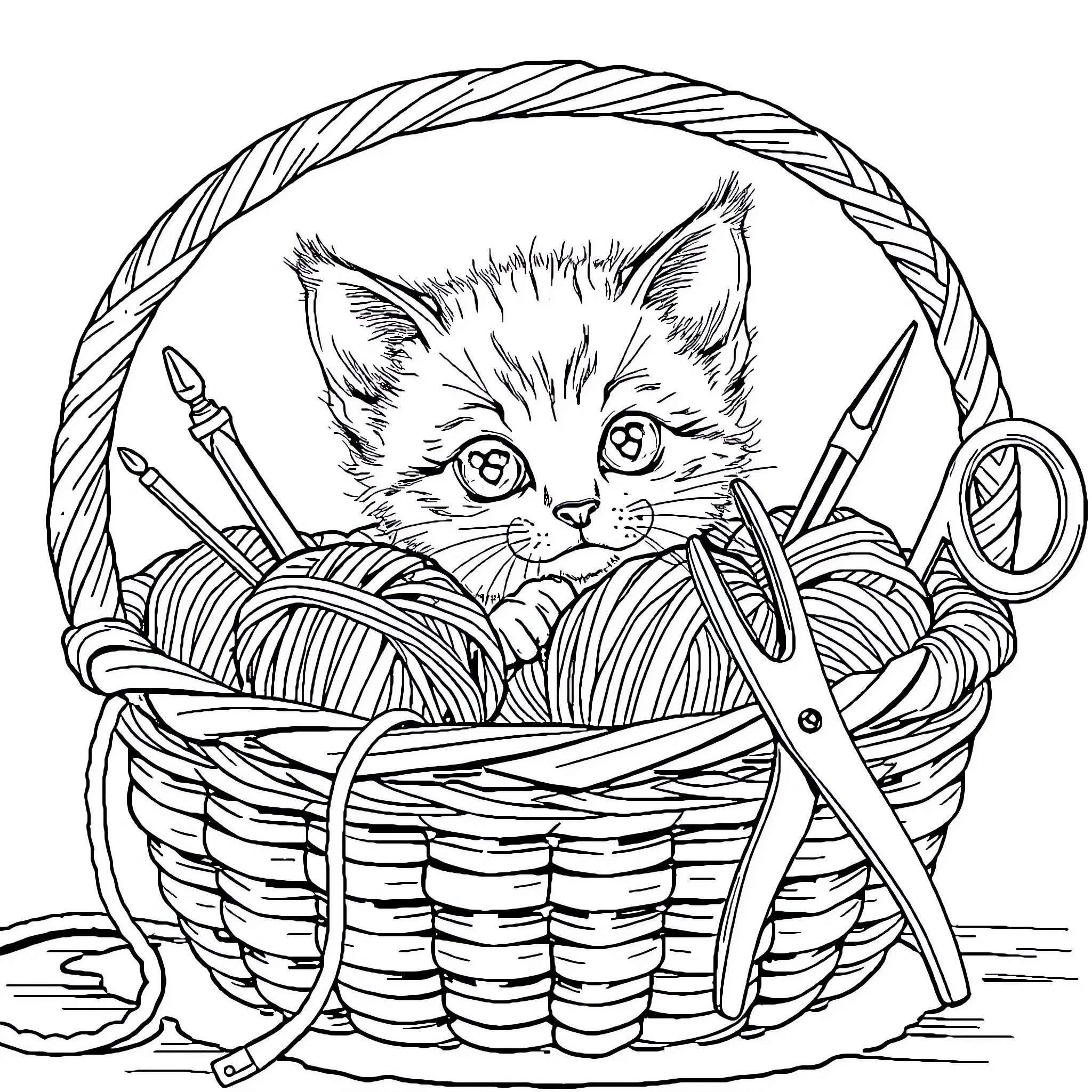 Kitten Nestled in Basket of Yarn and Crafts Coloring Page (free black-and-white line drawing printable PDF for all, from beginners to advanced learners, including children, teens, adults, and seniors)