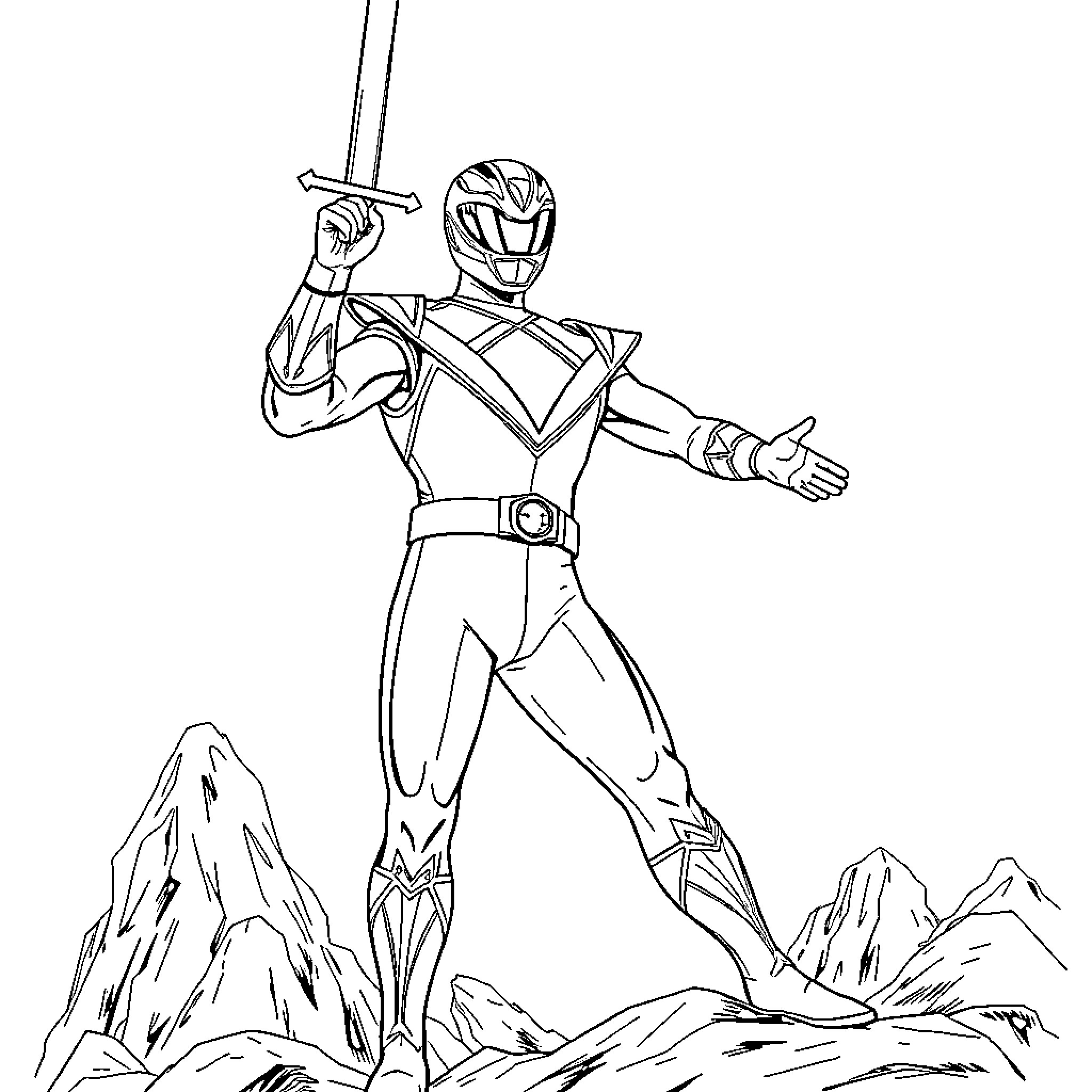 Power Ranger Battles Heroically in Mountain Landscape Coloring Page (free black-and-white line drawing printable PDF for all, from beginners to advanced learners, including children, teens, adults, and seniors)