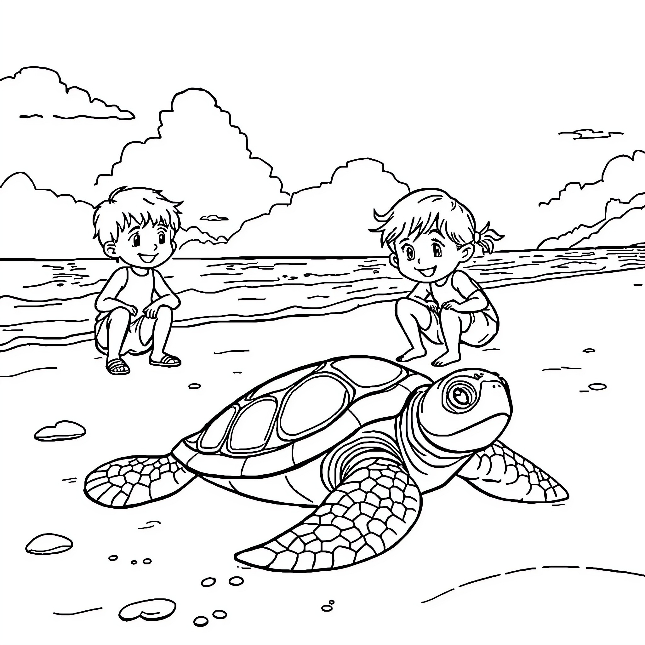 Kid playing with turtle on the beach Coloring Page (free black-and-white line drawing printable PDF for all, from beginners to advanced learners, including children, teens, adults, and seniors)