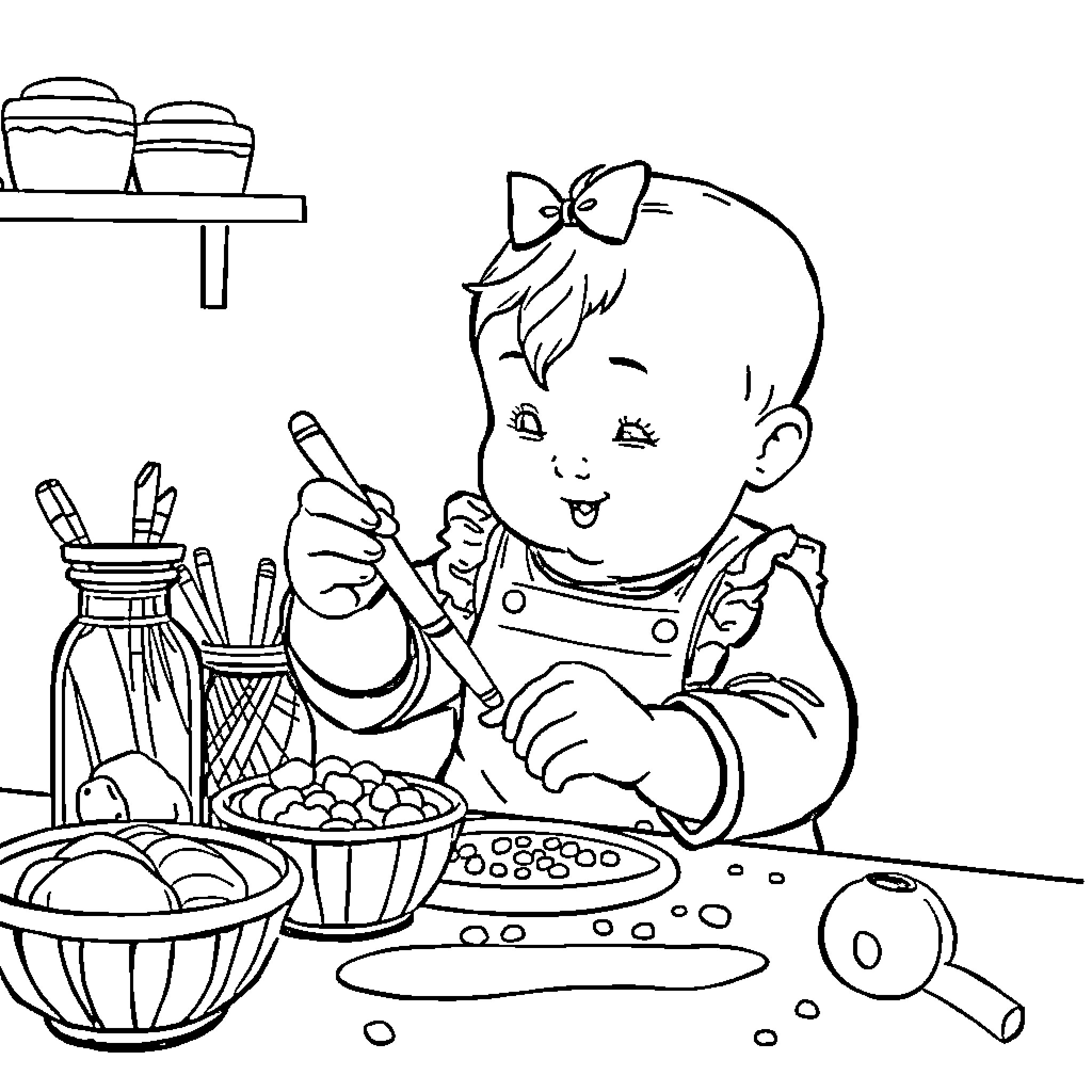 Bebe making a joyful mess in the kitchen Coloring Page (free black-and-white line drawing printable PDF for all, from beginners to advanced learners, including children, teens, adults, and seniors)
