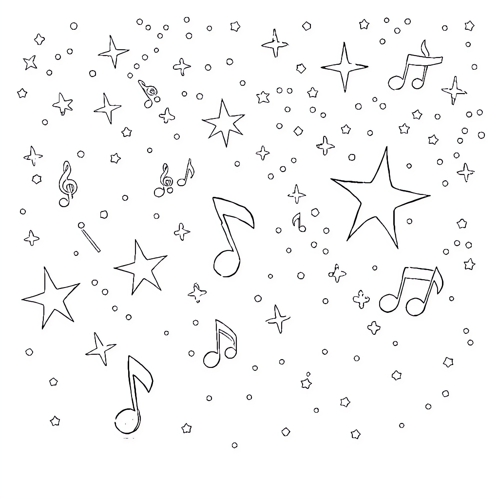 Music Symbol Filled with Whimsical Stars and Notes Coloring Page (free black-and-white line drawing printable PDF for all, from beginners to advanced learners, including children, teens, adults, and seniors)