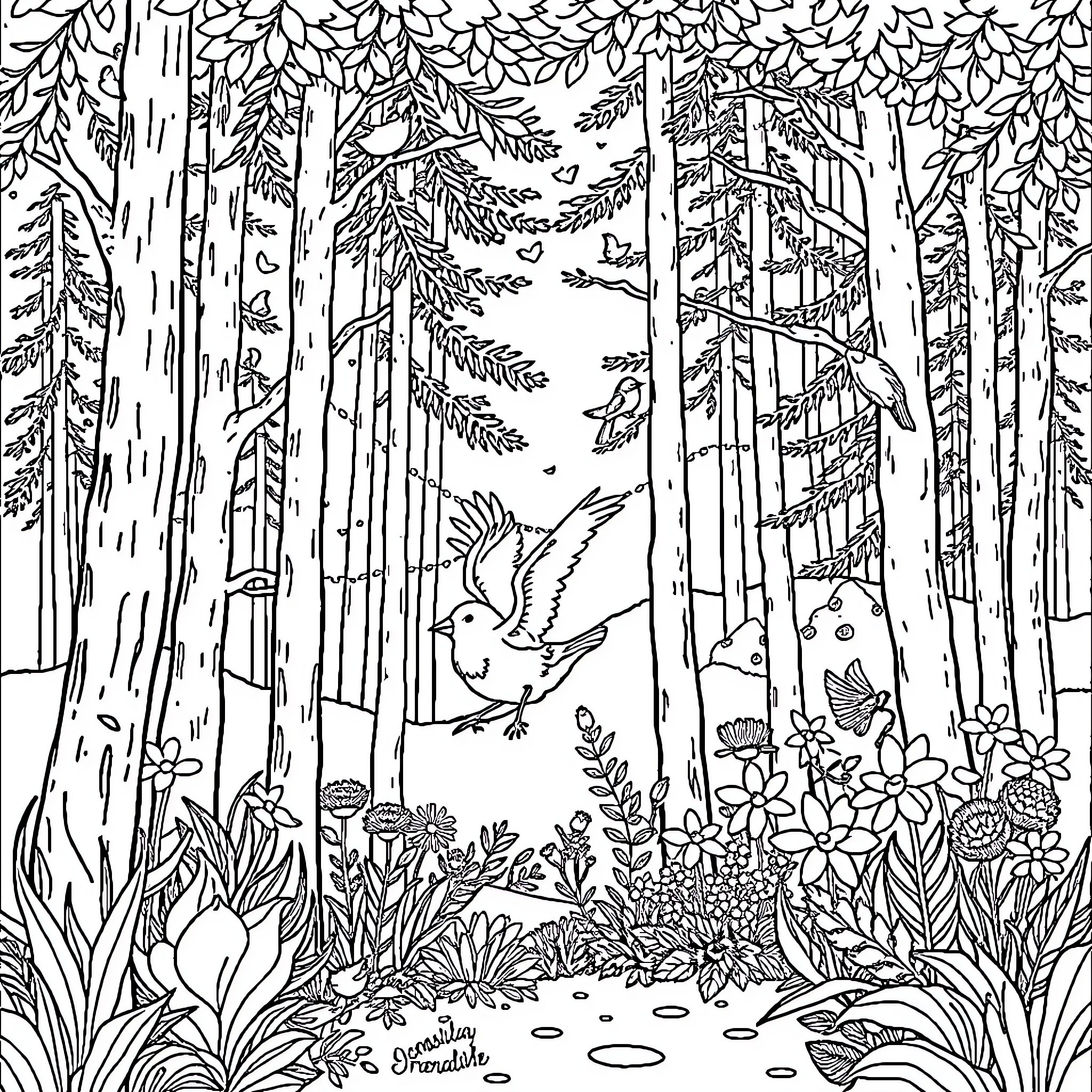 Nature's Forest Sanctuary with Vibrant Wildlife Coloring Page (free black-and-white line drawing printable PDF for all, from beginners to advanced learners, including children, teens, adults, and seniors)