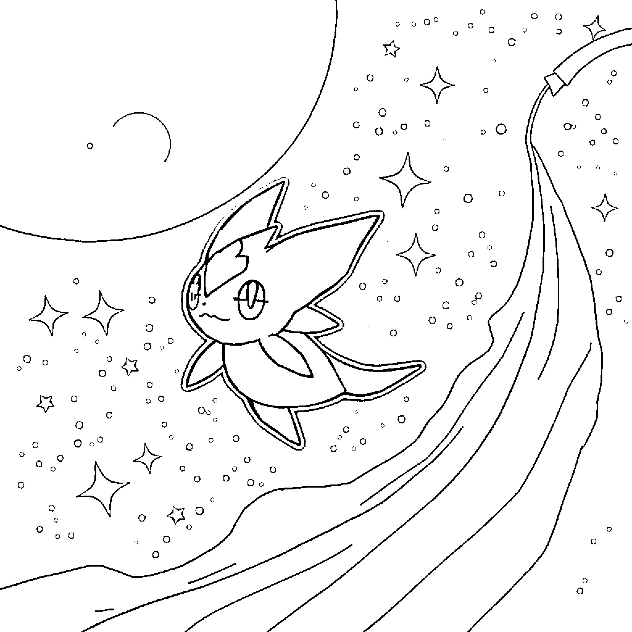 Jirachi floating among the stars Coloring Page (free black-and-white line drawing printable PDF for all, from beginners to advanced learners, including children, teens, adults, and seniors)