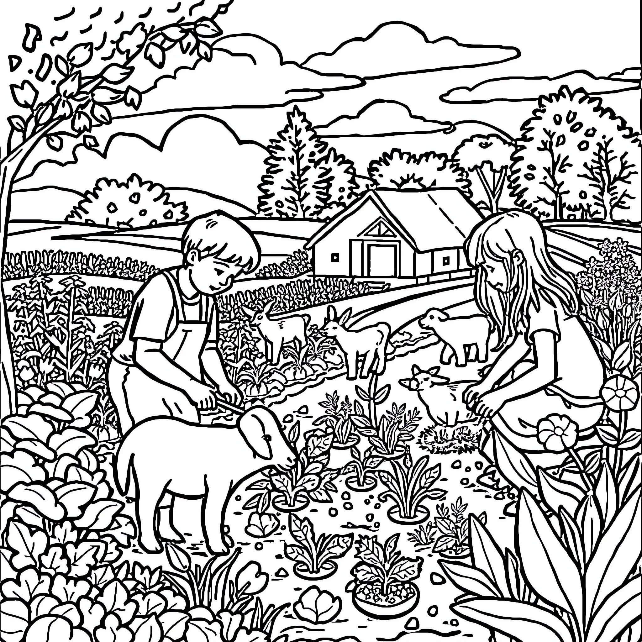 Autism: Children playing in a peaceful garden Coloring Page (free black-and-white line drawing printable PDF for all, from beginners to advanced learners, including children, teens, adults, and seniors)