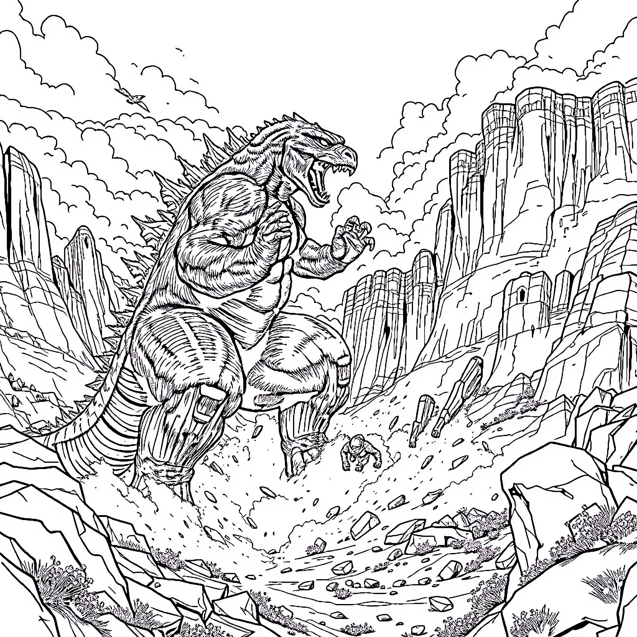 Godzilla stomping through a rugged, mountainous landscape Coloring Page (free black-and-white line drawing printable PDF for all, from beginners to advanced learners, including children, teens, adults, and seniors)