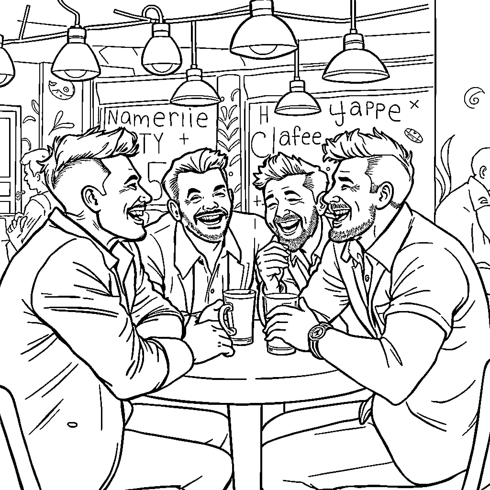 Men enjoying drinks at a cafe Coloring Page (free black-and-white line drawing printable PDF for all, from beginners to advanced learners, including children, teens, adults, and seniors)