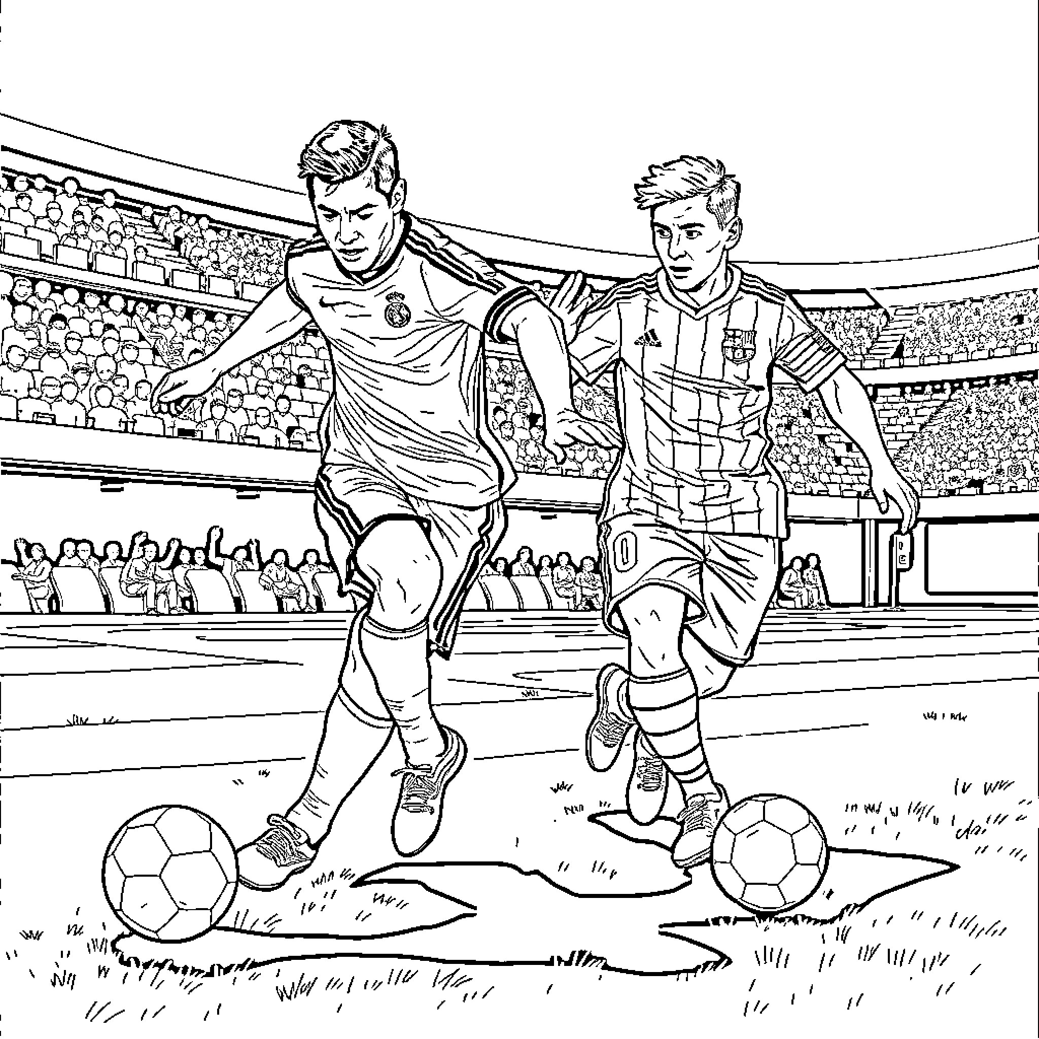 Ronaldo competing with opponent in soccer match Coloring Page (free black-and-white line drawing printable PDF for all, from beginners to advanced learners, including children, teens, adults, and seniors)