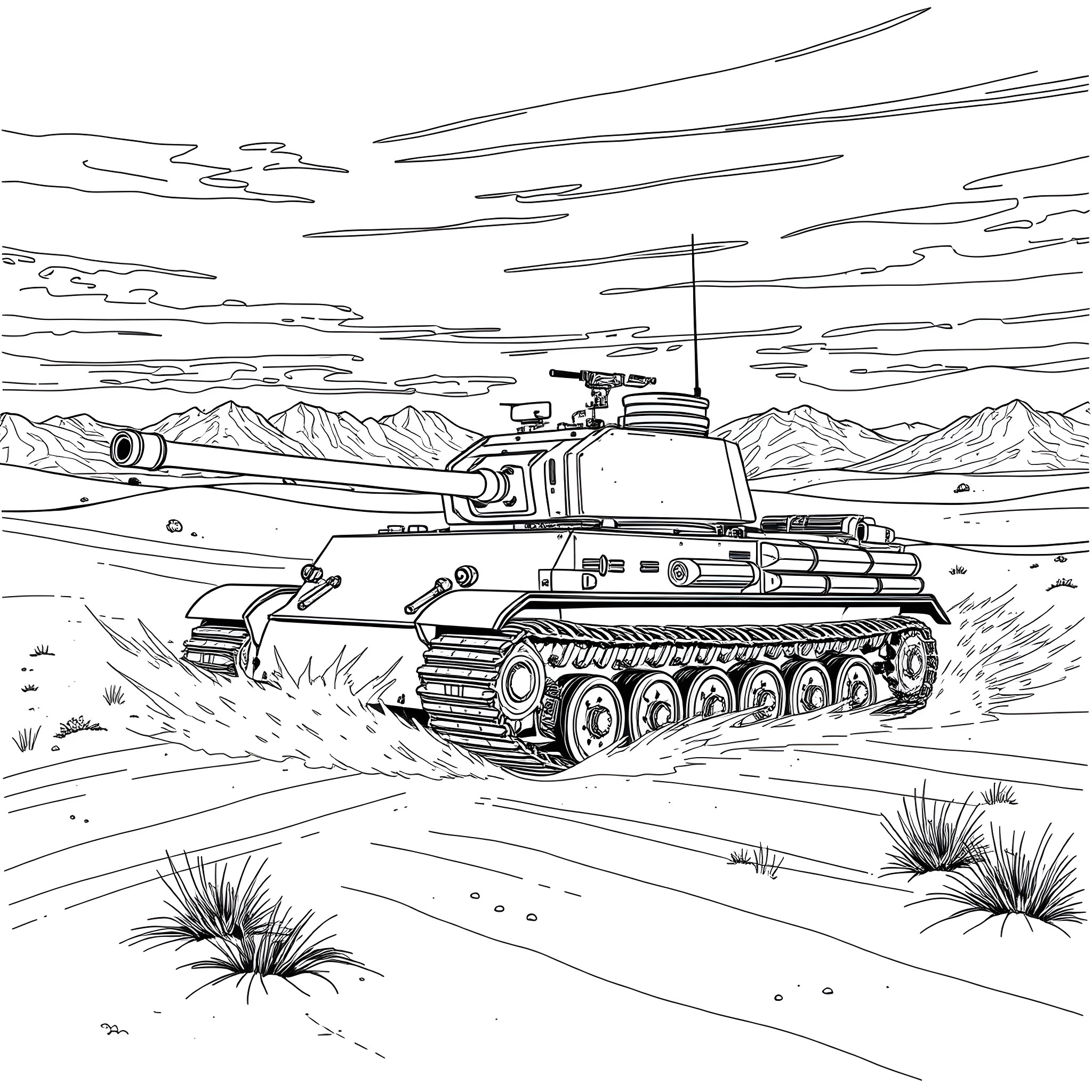 STUG battle tank in desert landscape Coloring Page (free black-and-white line drawing printable PDF for all, from beginners to advanced learners, including children, teens, adults, and seniors)