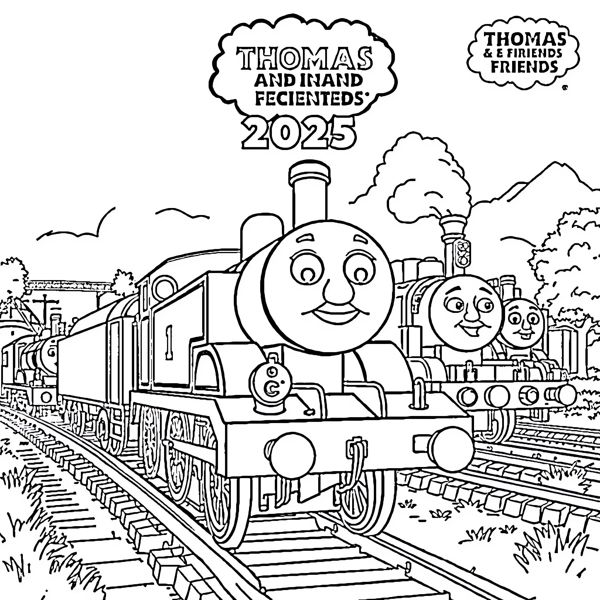 Thomas and his friends recievent the year 2025 Coloring Page (free black-and-white line drawing printable PDF for all, from beginners to advanced learners, including children, teens, adults, and seniors)