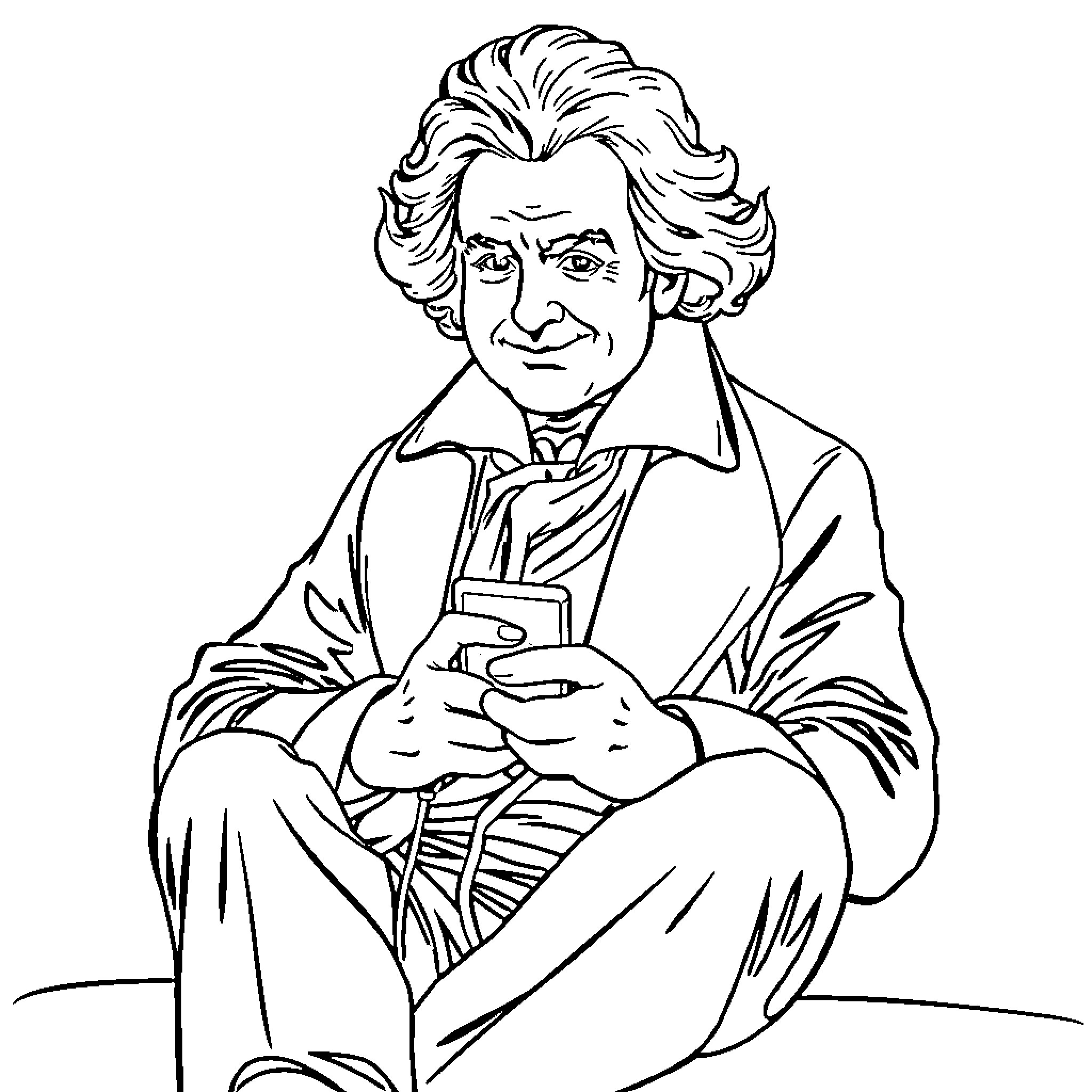 Beethoven composing at his desk Coloring Page (free black-and-white line drawing printable PDF for all, from beginners to advanced learners, including children, teens, adults, and seniors)