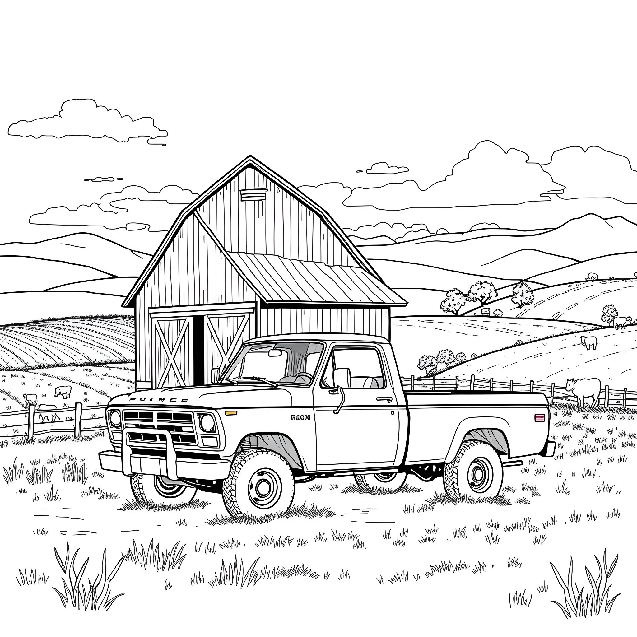Pickup truck in pastoral countryside scene Coloring Page (free black-and-white line drawing printable PDF for all, from beginners to advanced learners, including children, teens, adults, and seniors)