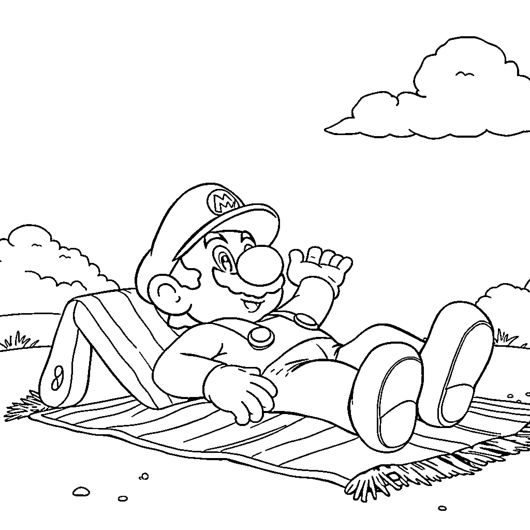 Mario relaxing on a picnic blanket Coloring Page (free black-and-white line drawing printable PDF for all, from beginners to advanced learners, including children, teens, adults, and seniors)