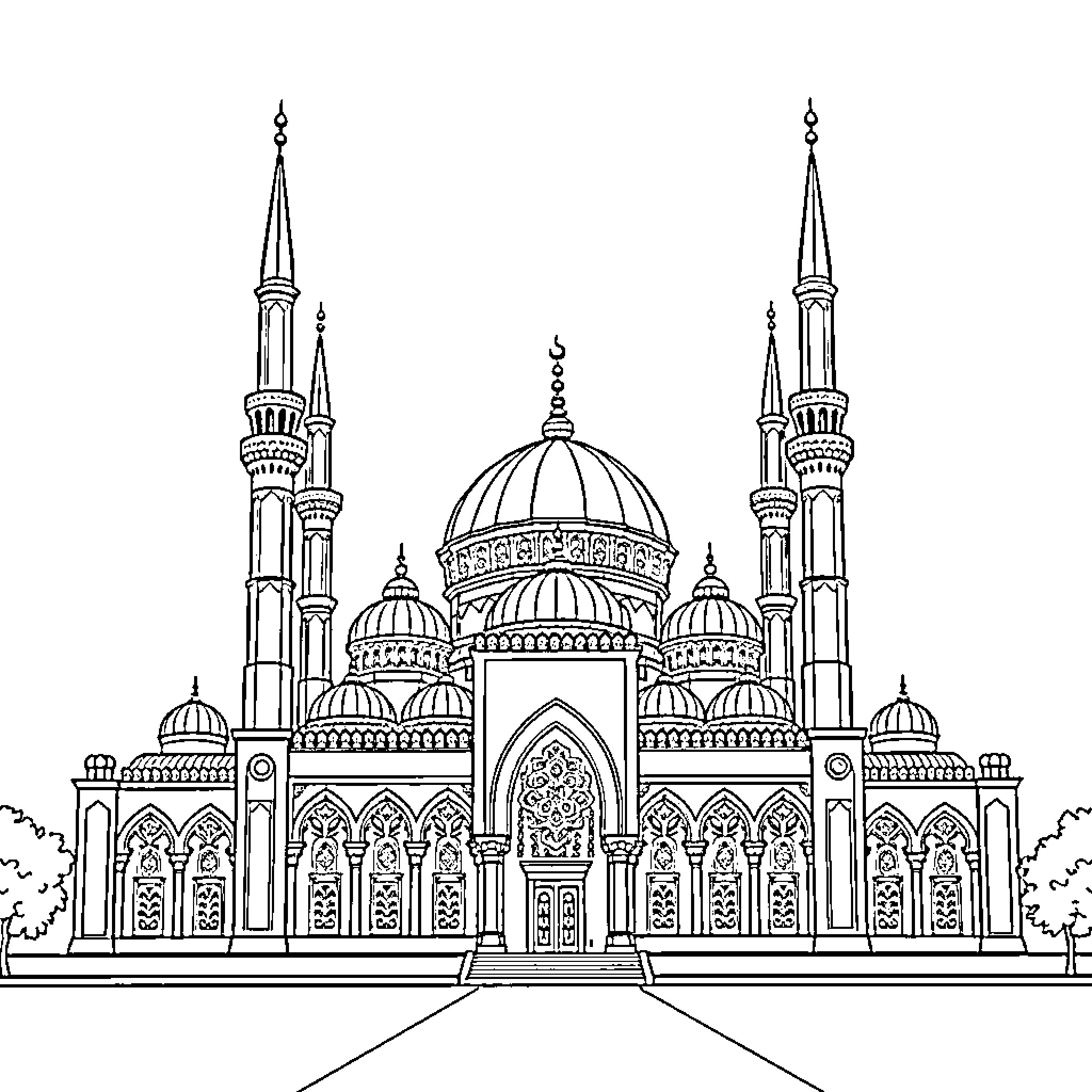 Mosque with ornate architecture and domes Coloring Page (free black-and-white line drawing printable PDF for all, from beginners to advanced learners, including children, teens, adults, and seniors)