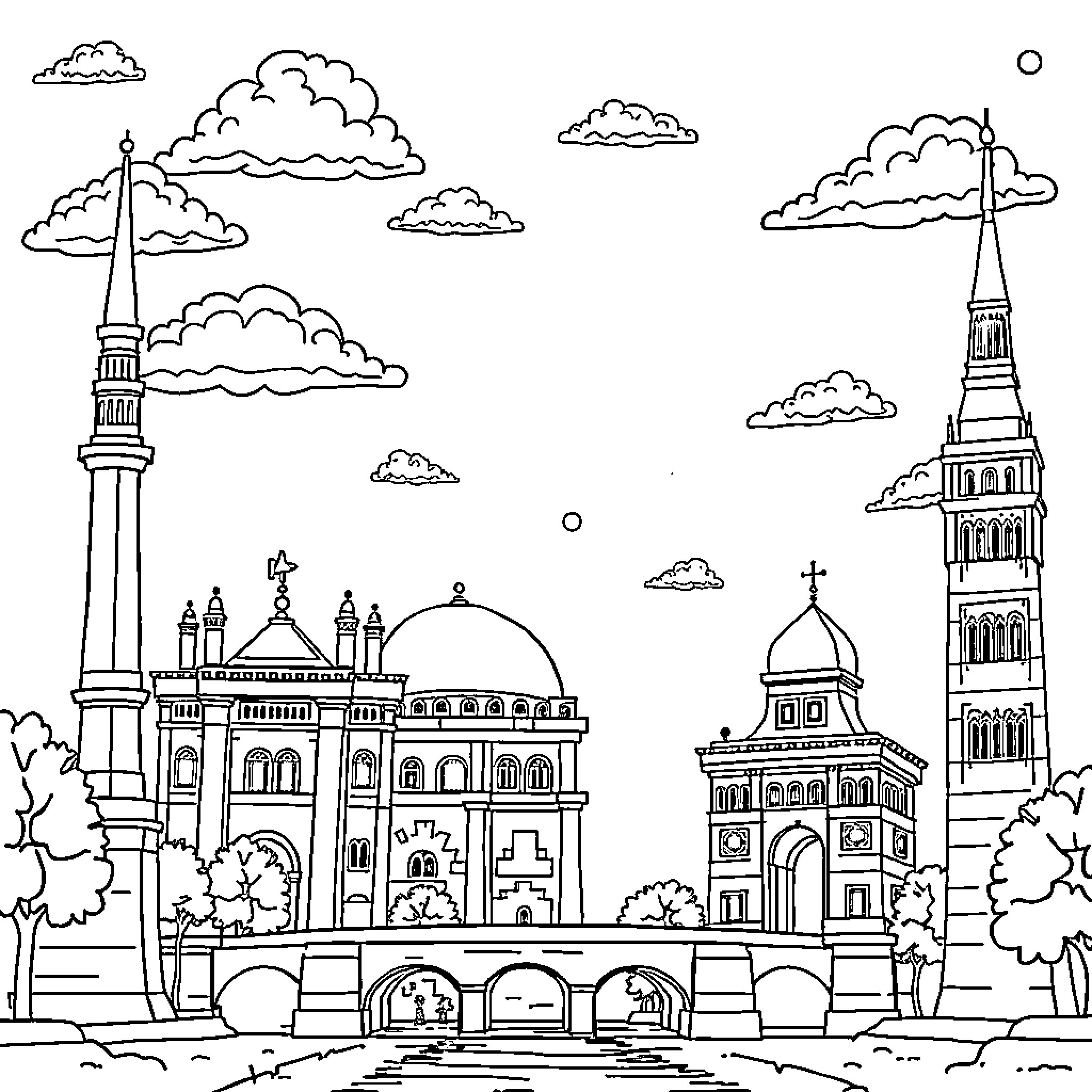 Monument of architectural landmarks in the city Coloring Page (free black-and-white line drawing printable PDF for all, from beginners to advanced learners, including children, teens, adults, and seniors)