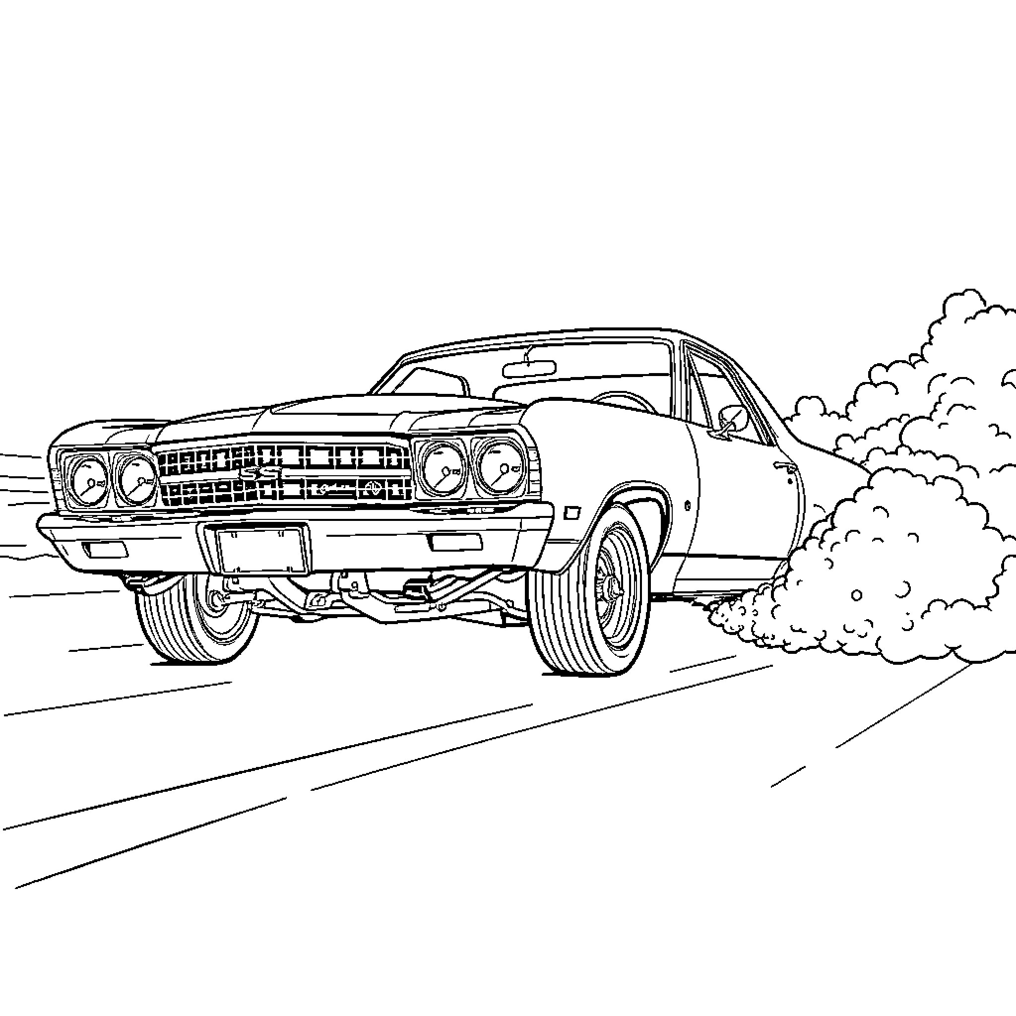 El Camino racing down the road Coloring Page (free black-and-white line drawing printable PDF for all, from beginners to advanced learners, including children, teens, adults, and seniors)