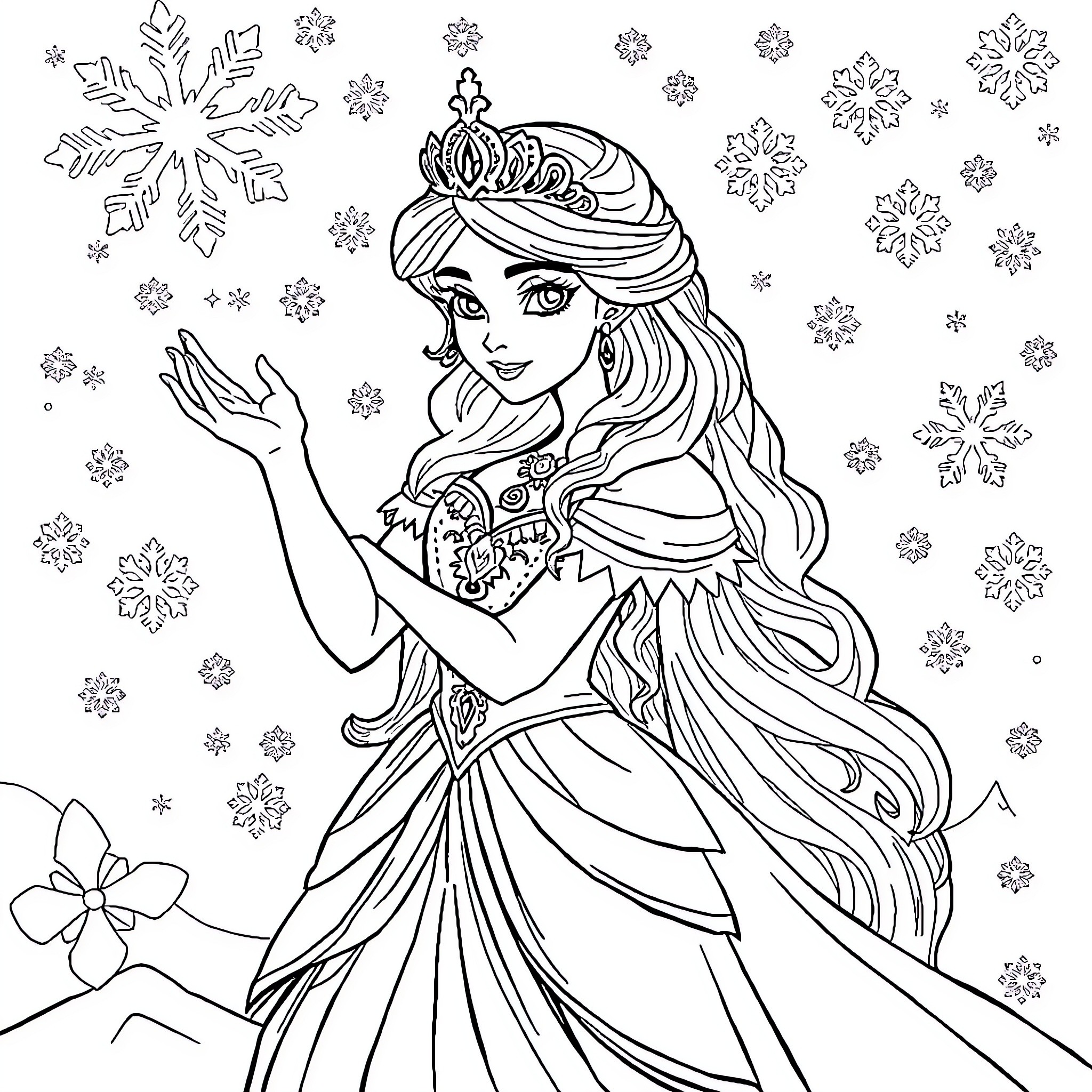 Snow Queen gracefully posing amidst snowflakes Coloring Page (free black-and-white line drawing printable PDF for all, from beginners to advanced learners, including children, teens, adults, and seniors)