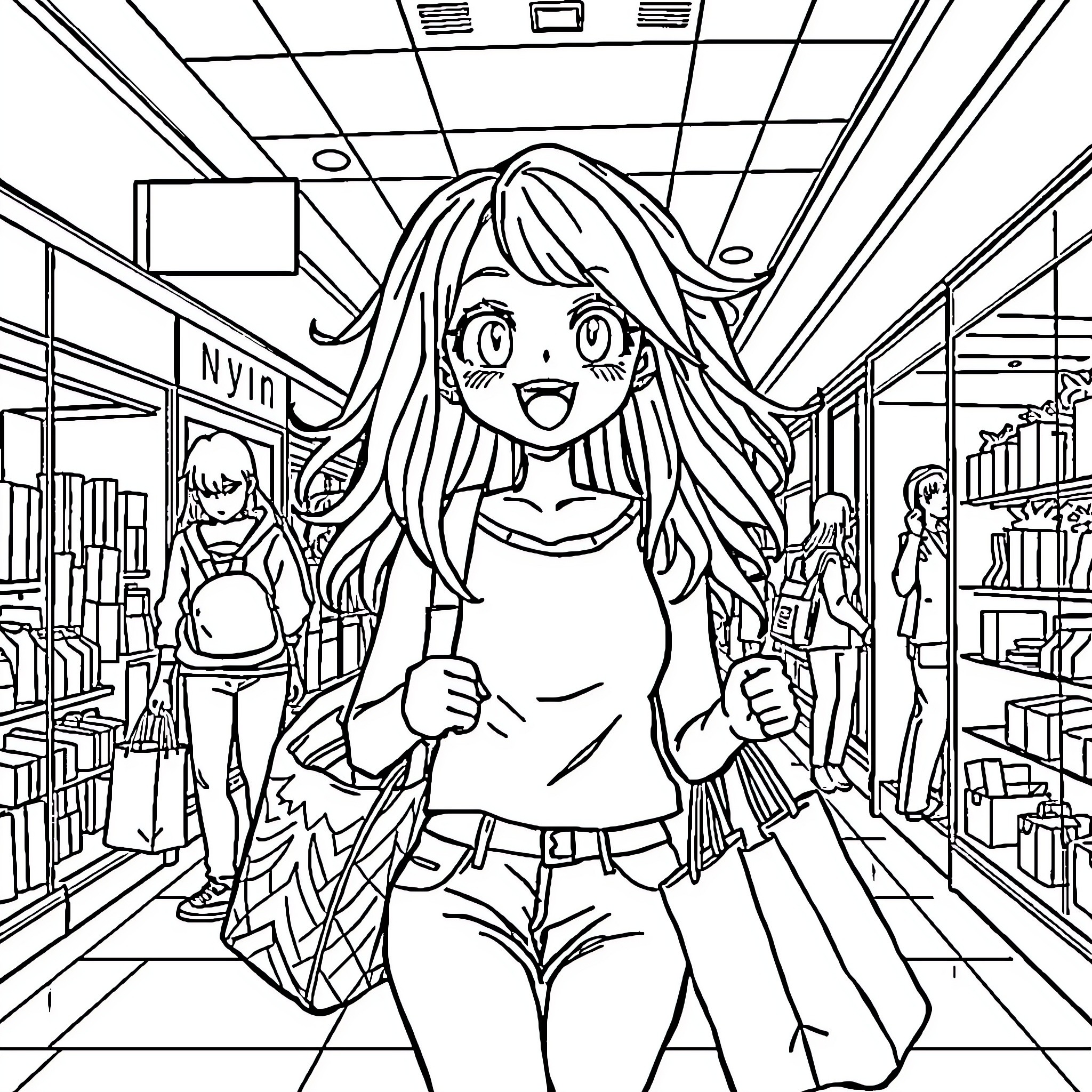 Anime Girl Cheerfully Shopping in the Bookstore Coloring Page (free black-and-white line drawing printable PDF for all, from beginners to advanced learners, including children, teens, adults, and seniors)