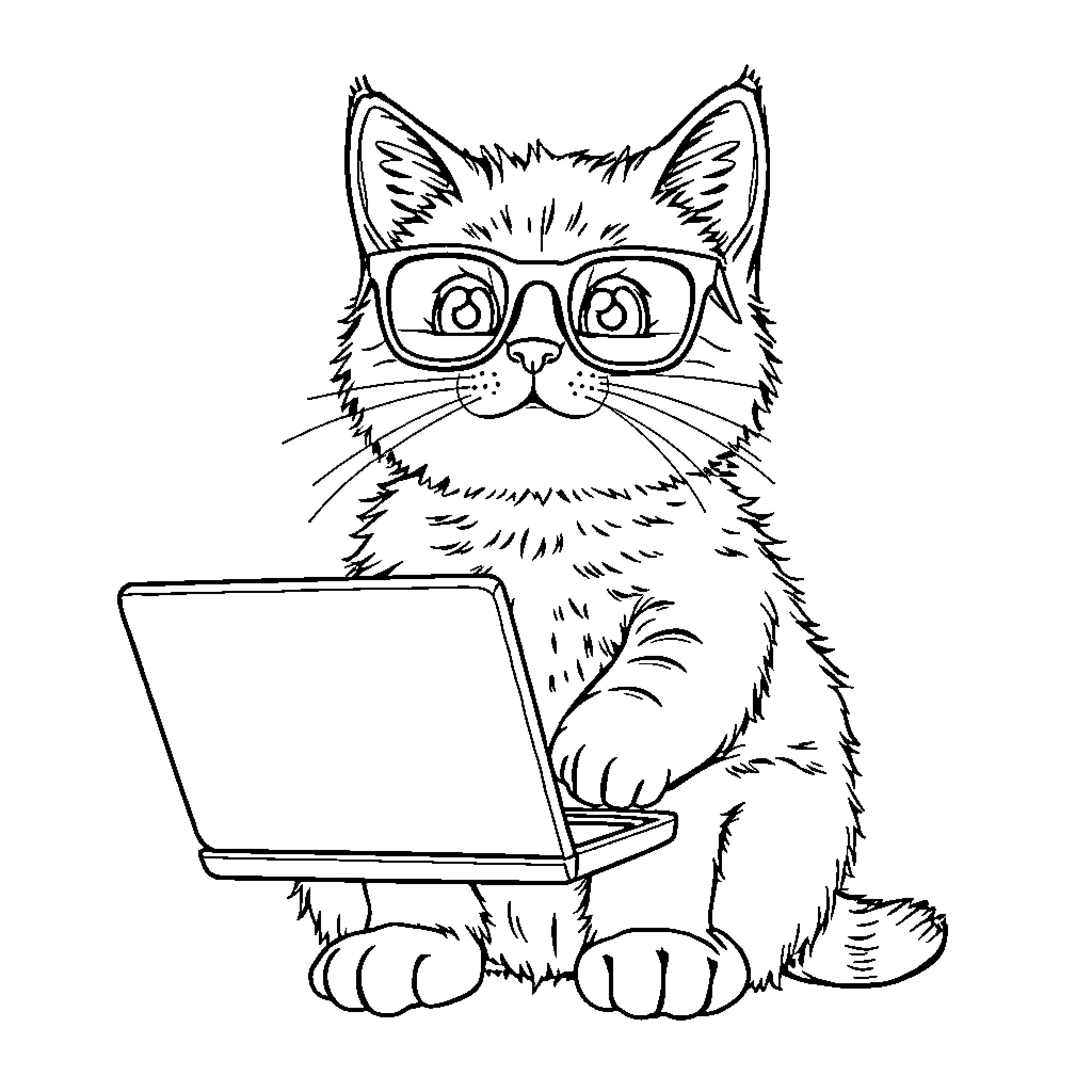 Kitten using laptop with glasses Coloring Page (free black-and-white line drawing printable PDF for all, from beginners to advanced learners, including children, teens, adults, and seniors)