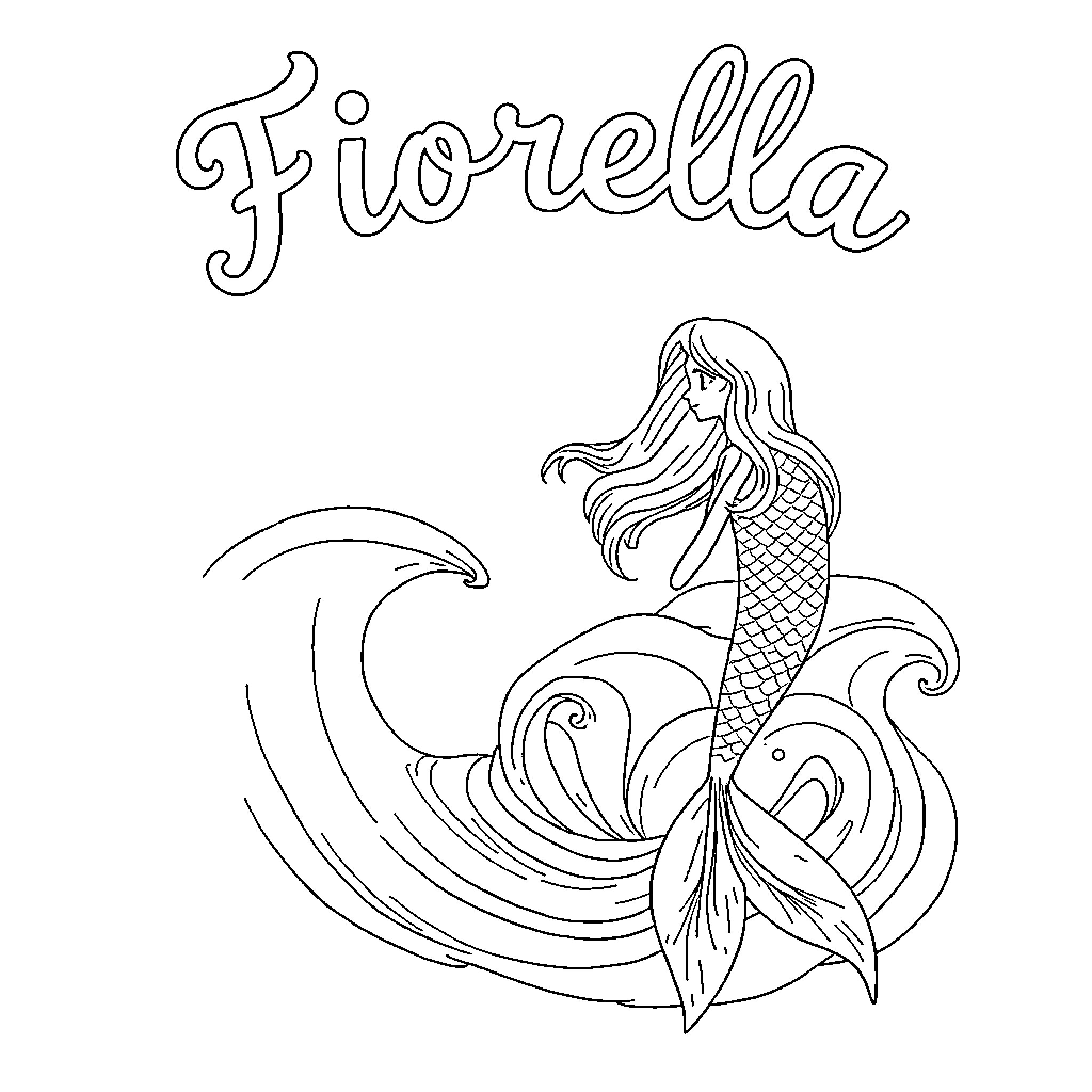 Mermaid swimming gracefully amidst ocean waves Coloring Page (free black-and-white line drawing printable PDF for all, from beginners to advanced learners, including children, teens, adults, and seniors)