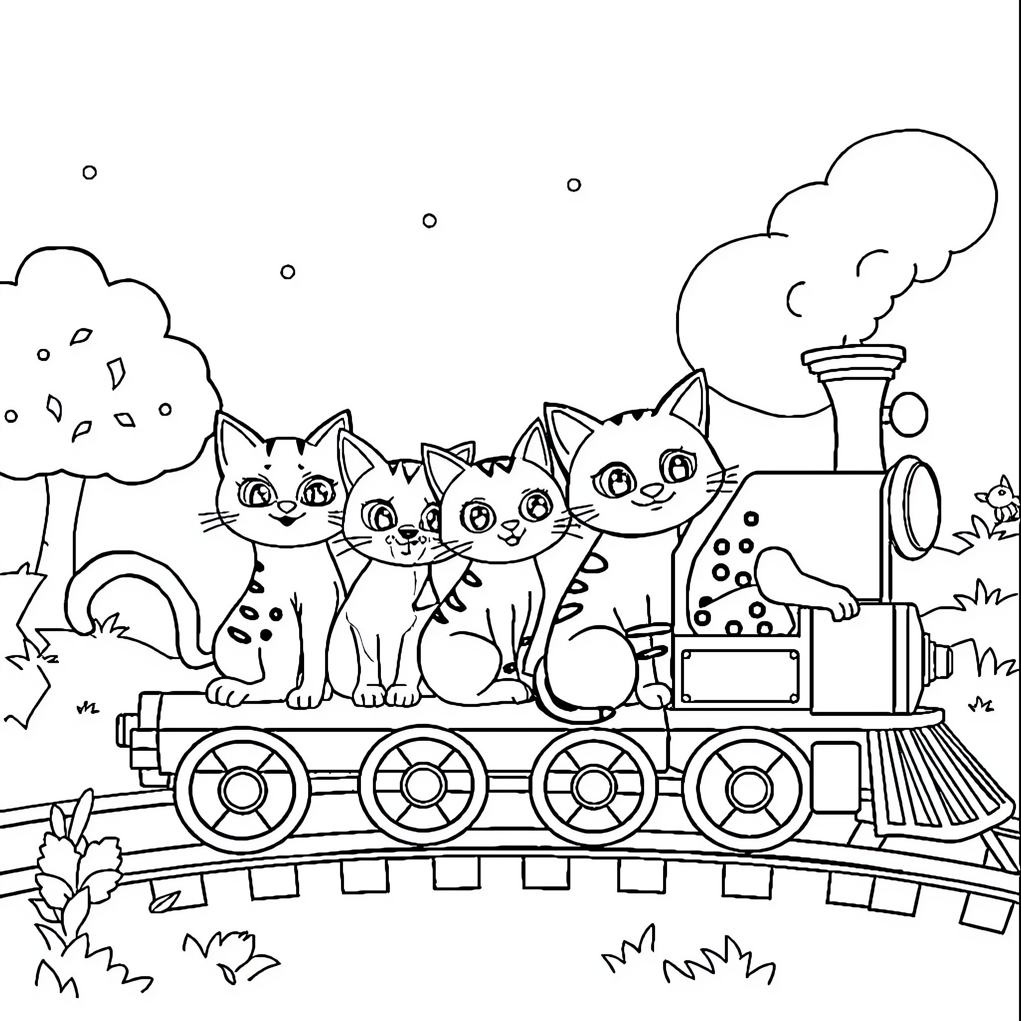 Gabby's Playful Train Ride with Feline Friends Coloring Page (free black-and-white line drawing printable PDF for all, from beginners to advanced learners, including children, teens, adults, and seniors)