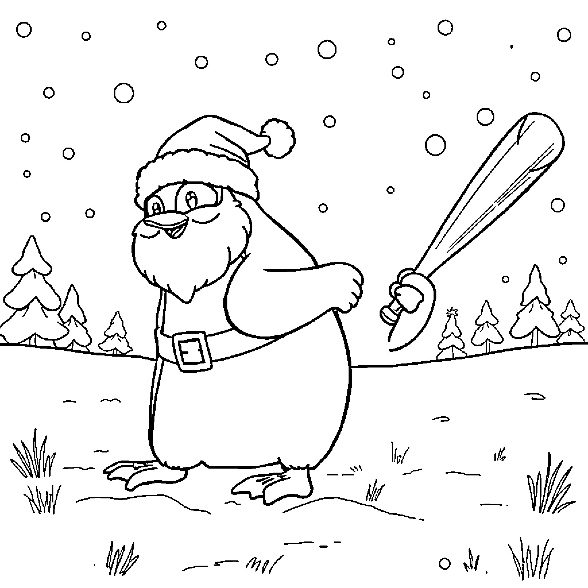 Penguin Santa Claus playing in the snow Coloring Page (free black-and-white line drawing printable PDF for all, from beginners to advanced learners, including children, teens, adults, and seniors)