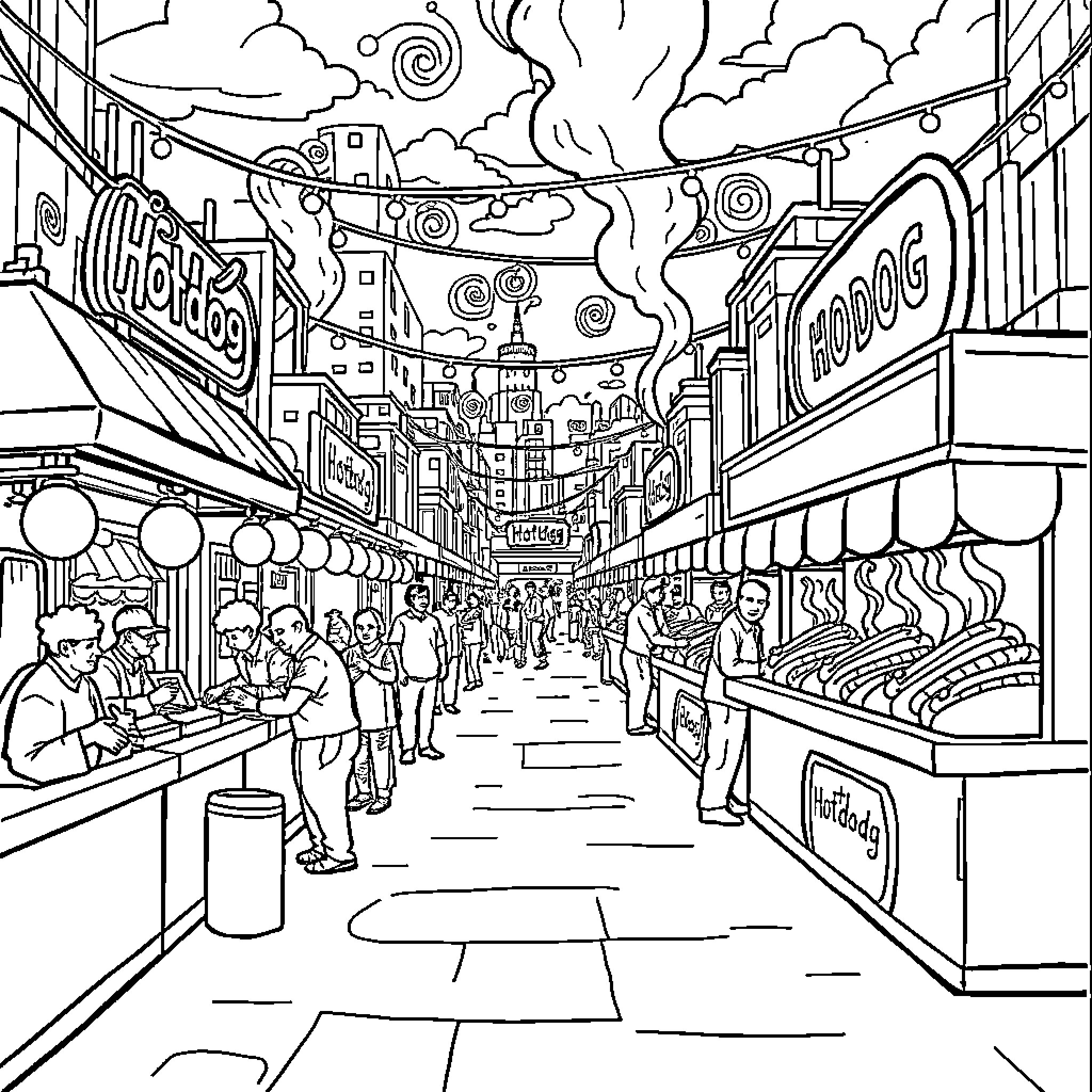 Hotdog Lovers Explore Vibrant Street Market Coloring Page (free black-and-white line drawing printable PDF for all, from beginners to advanced learners, including children, teens, adults, and seniors)