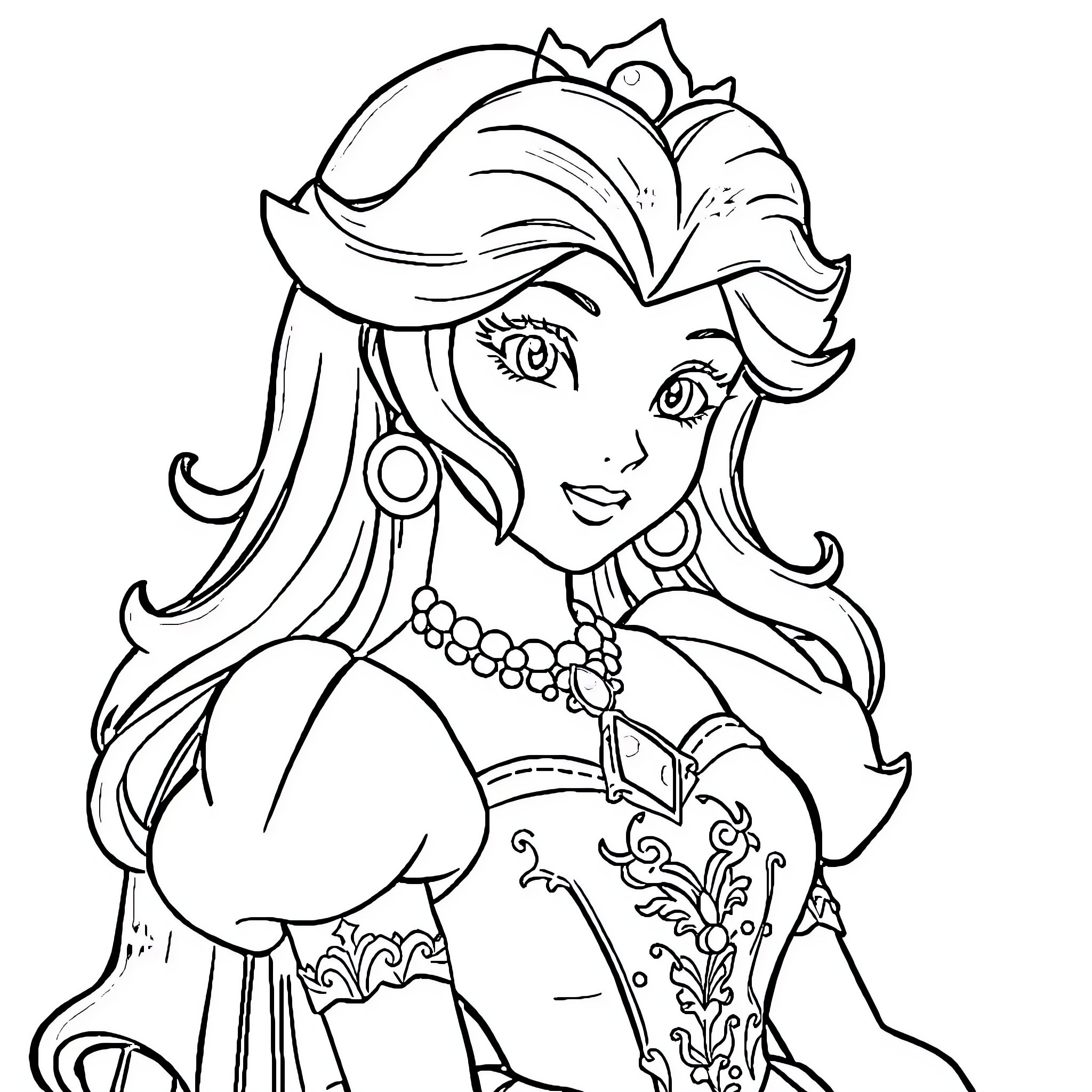 Princesa exploring a magical fantasy world Coloring Page (free black-and-white line drawing printable PDF for all, from beginners to advanced learners, including children, teens, adults, and seniors)