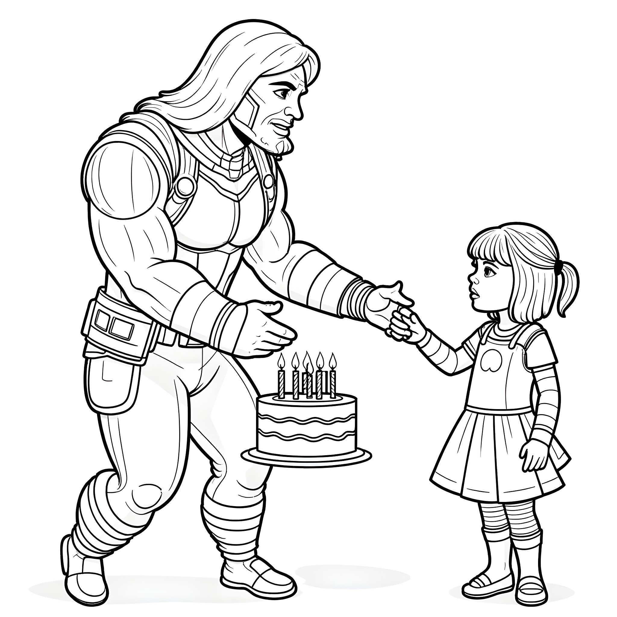 Guardian Presents Birthday Cheer to Young Girl Coloring Page (free black-and-white line drawing printable PDF for all, from beginners to advanced learners, including children, teens, adults, and seniors)