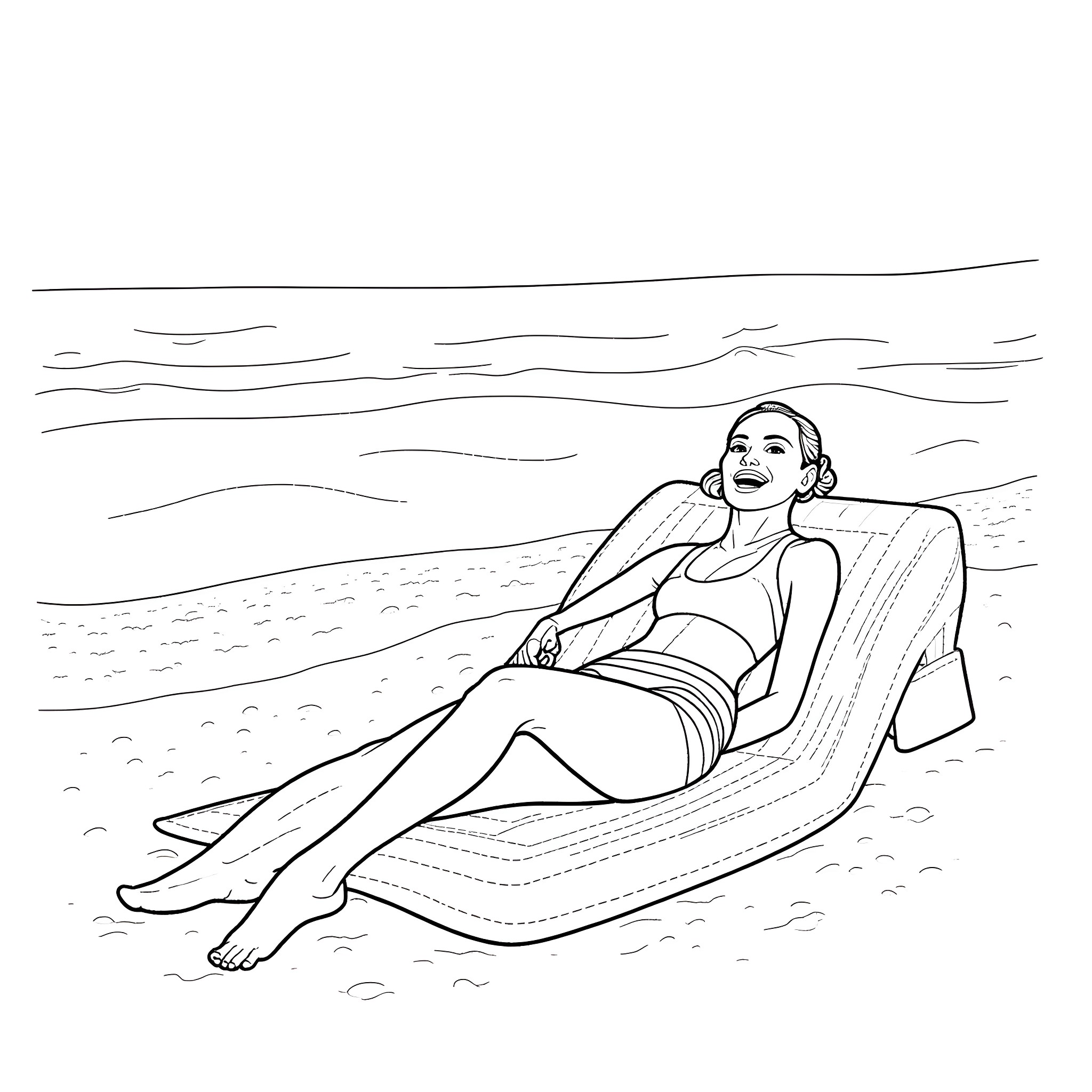 Princess Leia relaxing on the beach Coloring Page (free black-and-white line drawing printable PDF for all, from beginners to advanced learners, including children, teens, adults, and seniors)