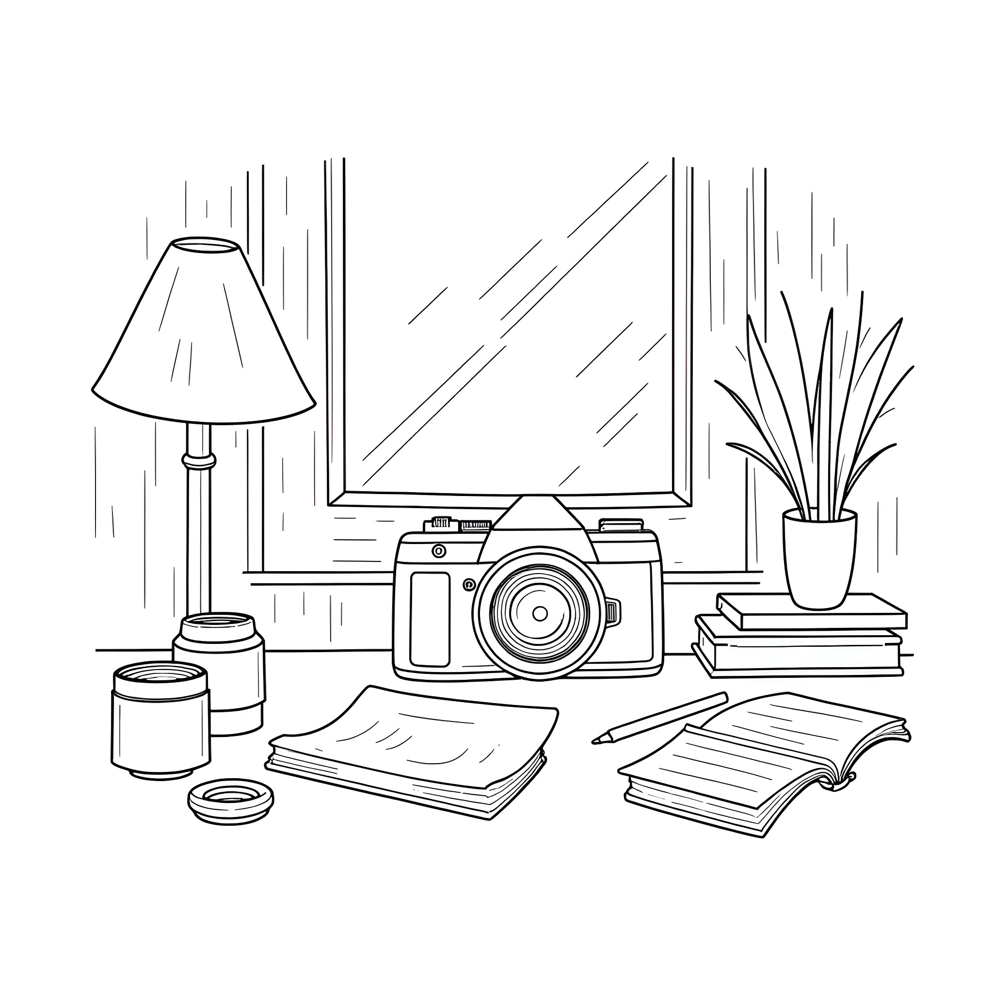 Cozy home office with camera and books Coloring Page (free black-and-white line drawing printable PDF for all, from beginners to advanced learners, including children, teens, adults, and seniors)
