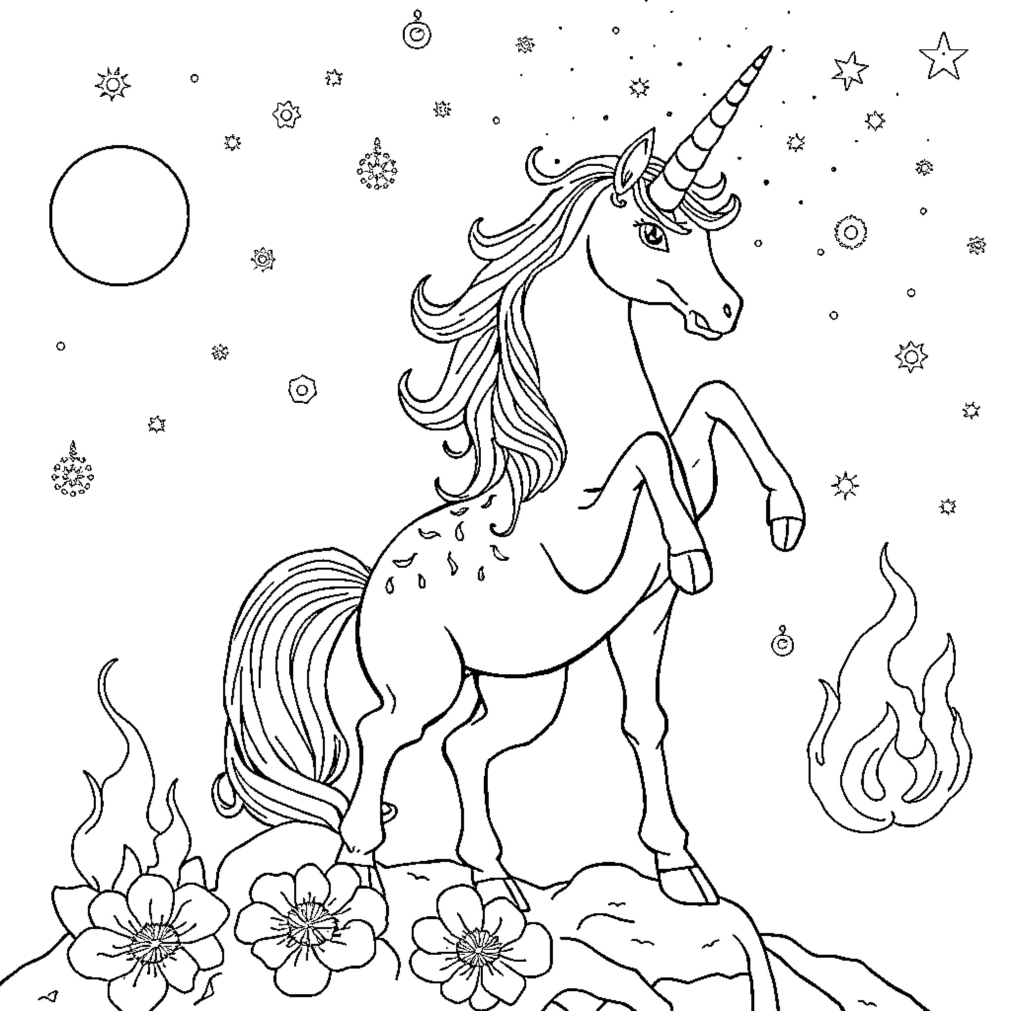Unicorn standing amidst stars and flowers Coloring Page (free black-and-white line drawing printable PDF for all, from beginners to advanced learners, including children, teens, adults, and seniors)