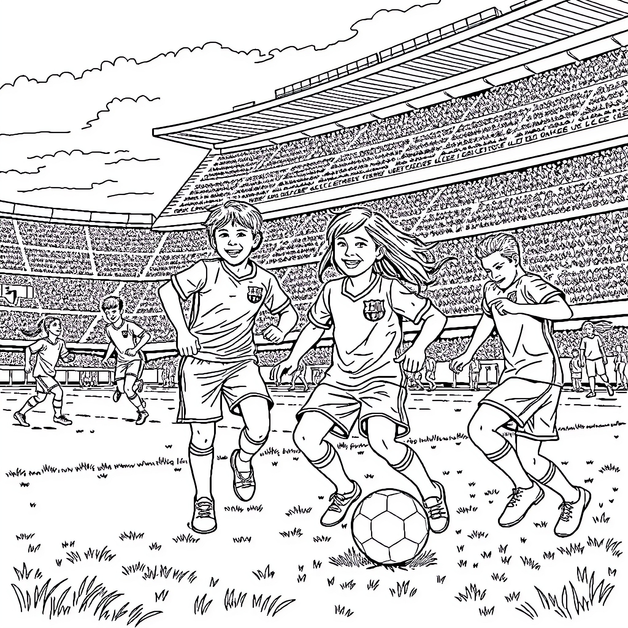 Football players in a stadium game Coloring Page (free black-and-white line drawing printable PDF for all, from beginners to advanced learners, including children, teens, adults, and seniors)