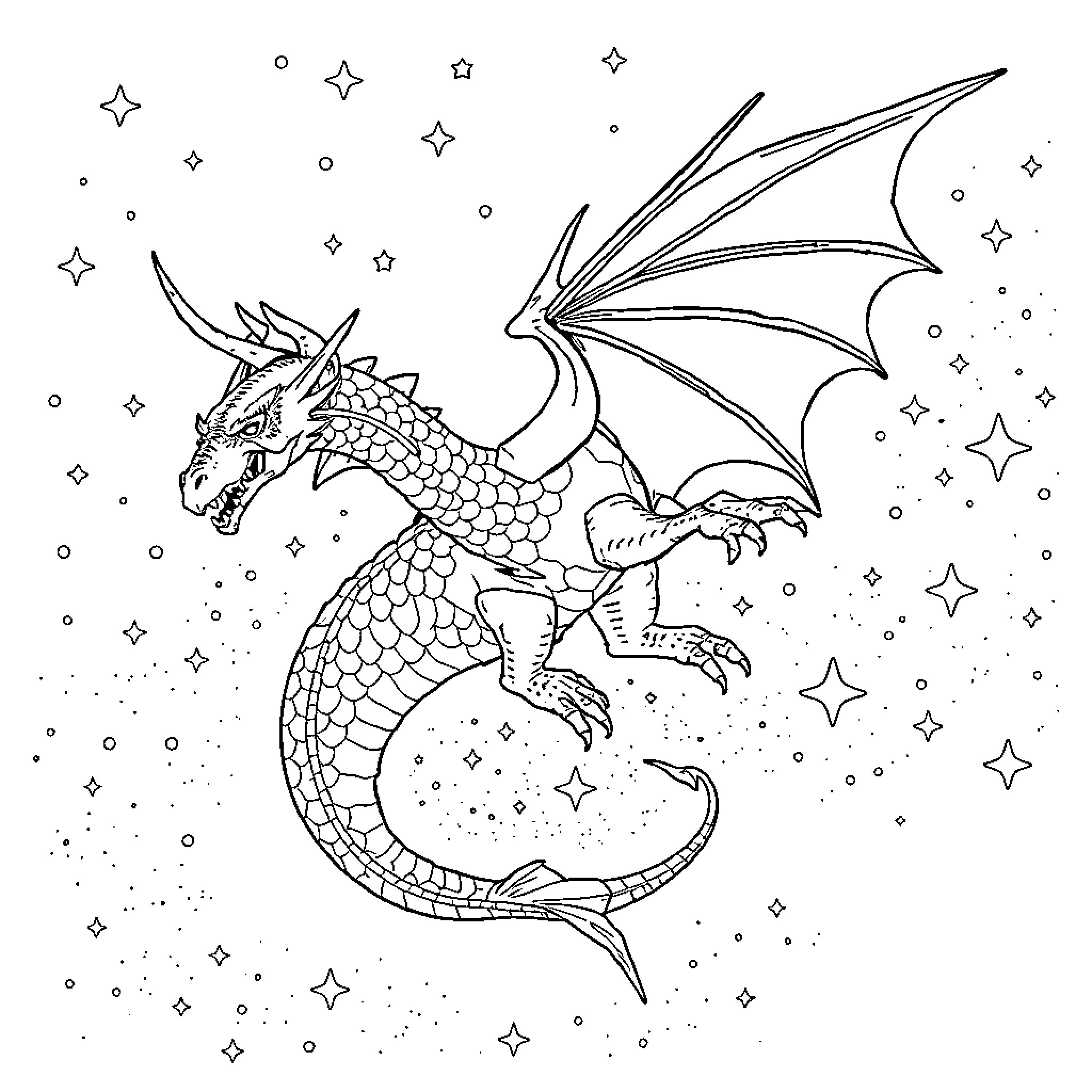 Dragon Soaring through Starry Skies Coloring Page (free black-and-white line drawing printable PDF for all, from beginners to advanced learners, including children, teens, adults, and seniors)