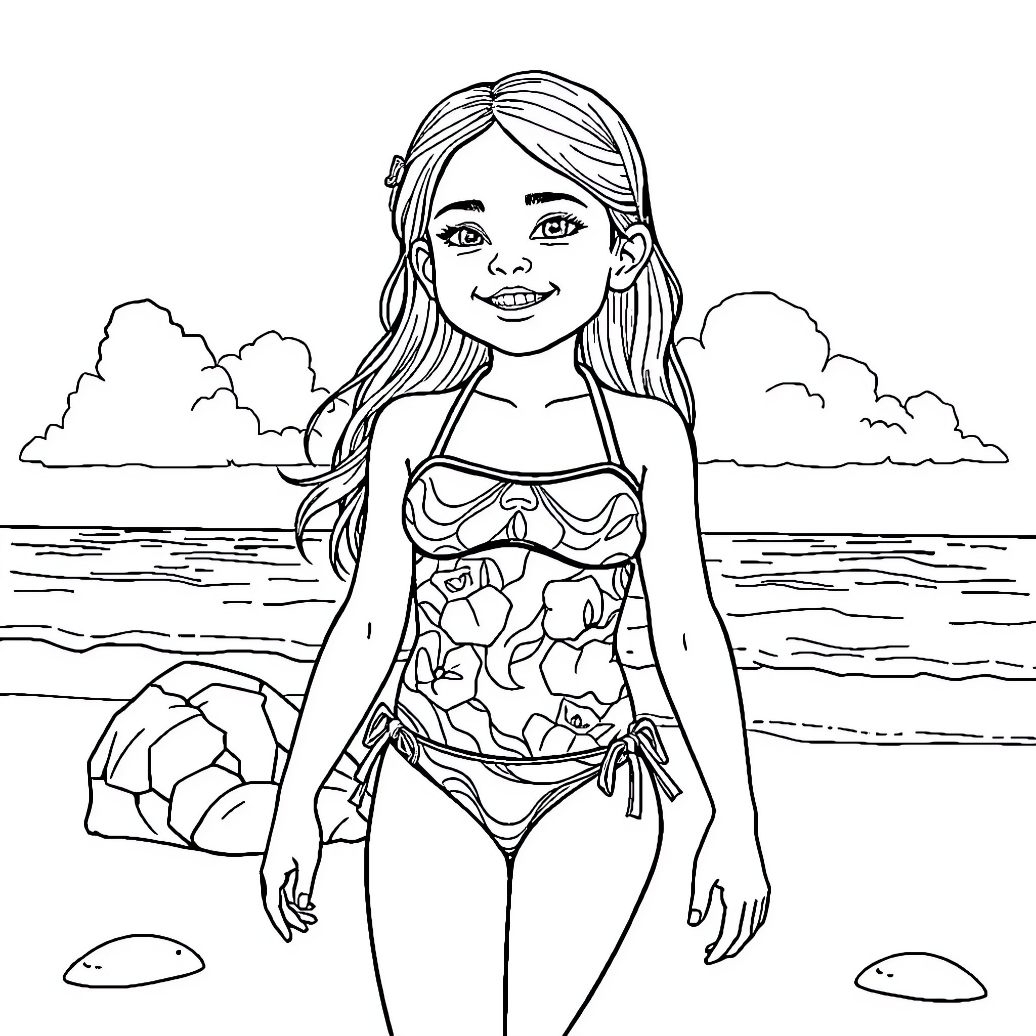 Girl enjoying a sunny day at the beach Coloring Page (free black-and-white line drawing printable PDF for all, from beginners to advanced learners, including children, teens, adults, and seniors)