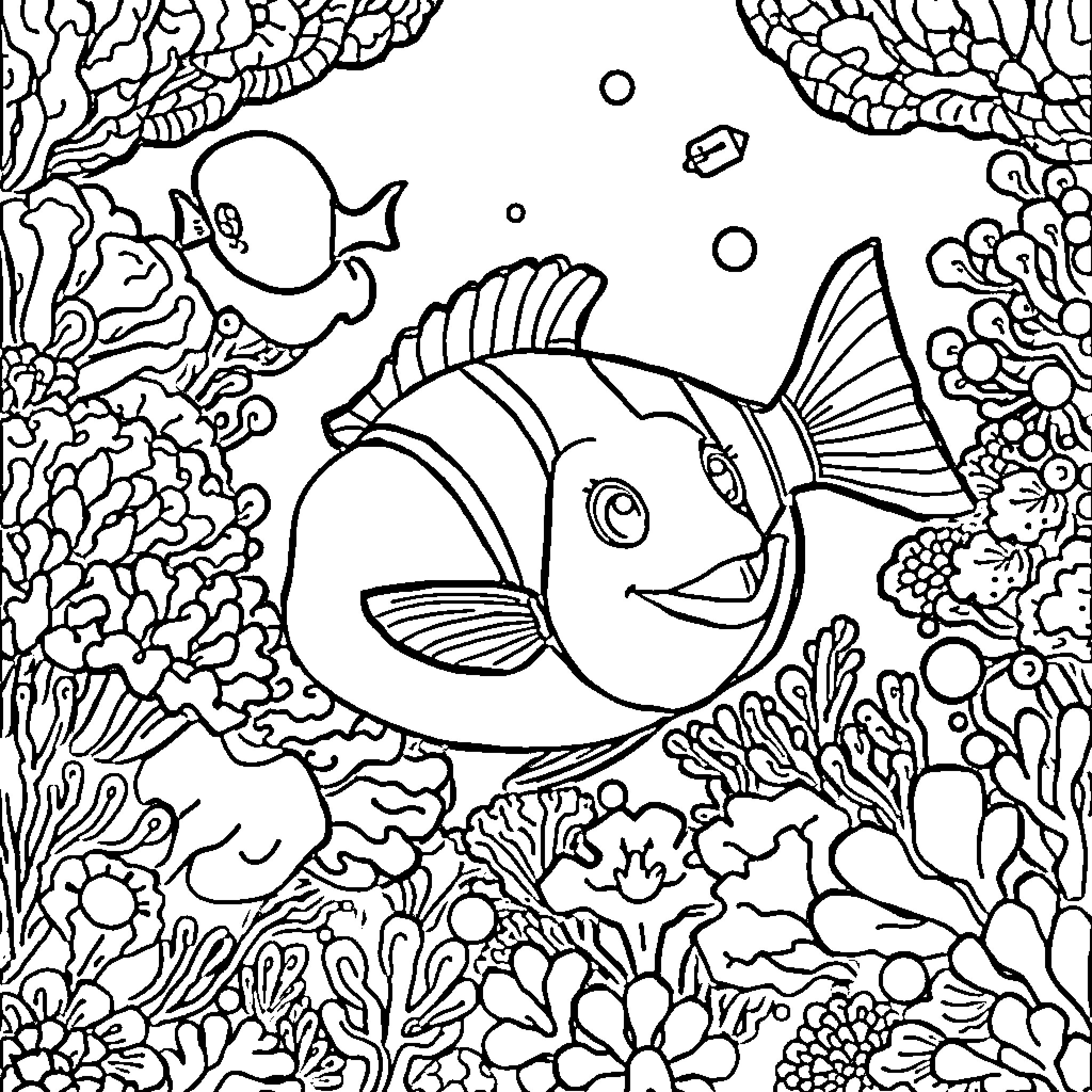 Fish swimming joyfully among coral reef Coloring Page (free black-and-white line drawing printable PDF for all, from beginners to advanced learners, including children, teens, adults, and seniors)