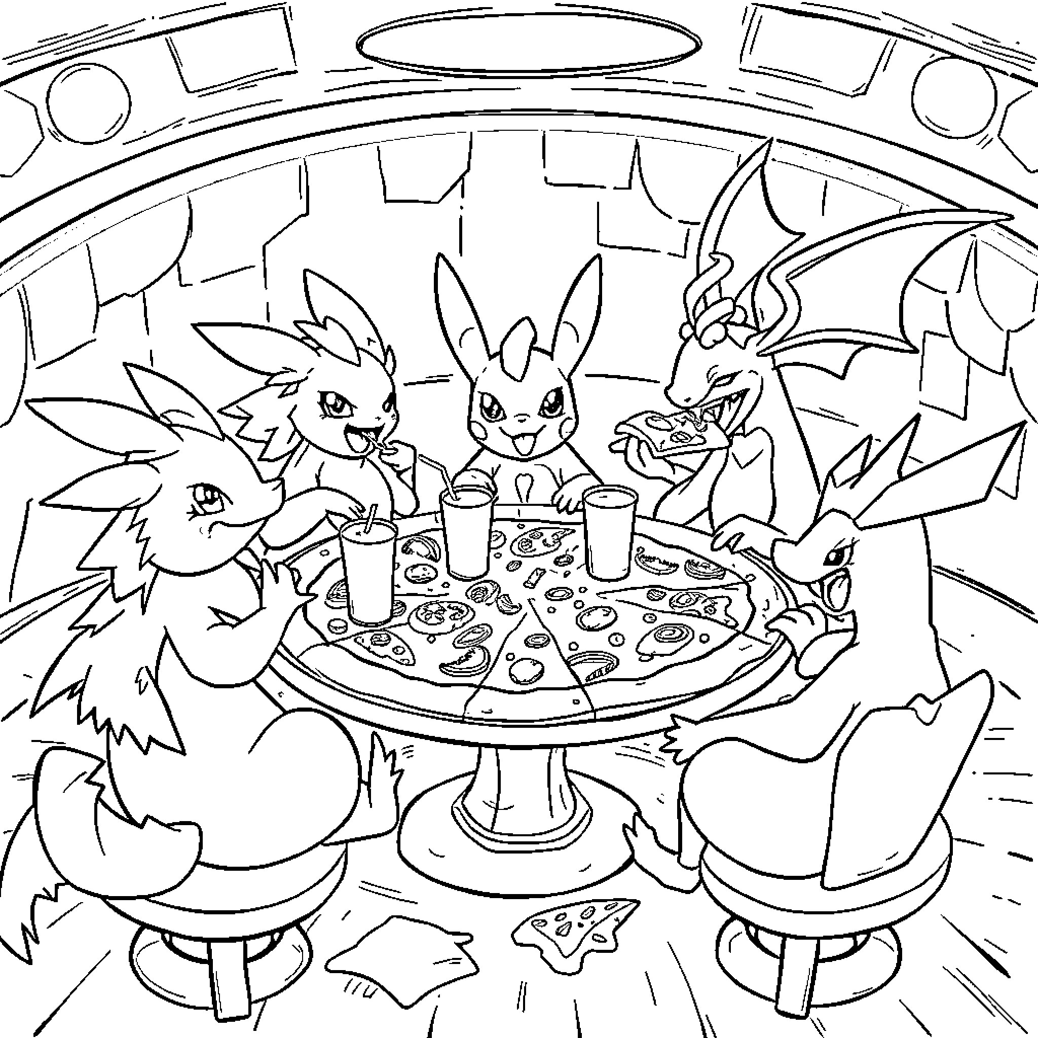 Pokémon enjoying a meal together Coloring Page (free black-and-white line drawing printable PDF for all, from beginners to advanced learners, including children, teens, adults, and seniors)