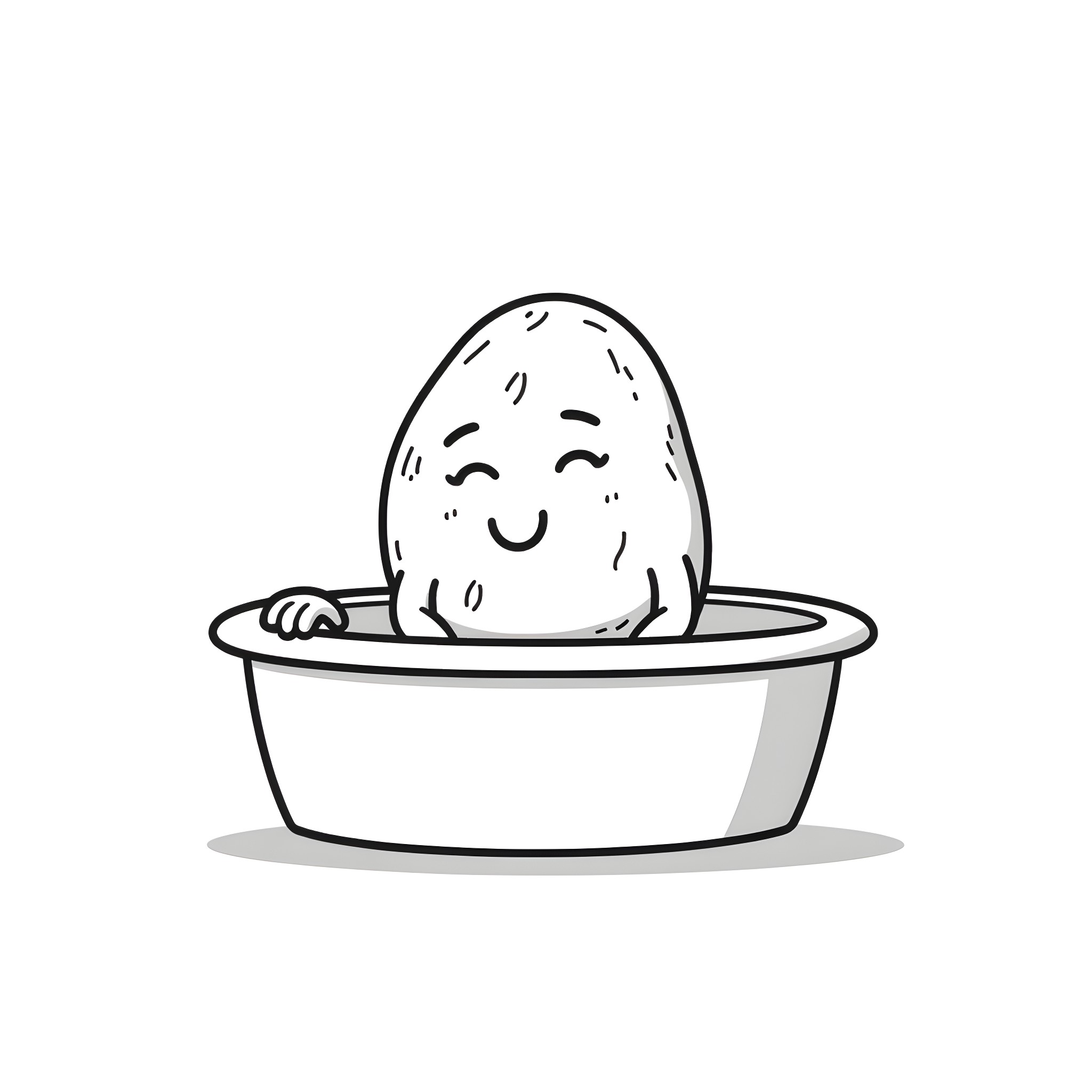 Potato sitting happily in a bowl Coloring Page (free black-and-white line drawing printable PDF for all, from beginners to advanced learners, including children, teens, adults, and seniors)